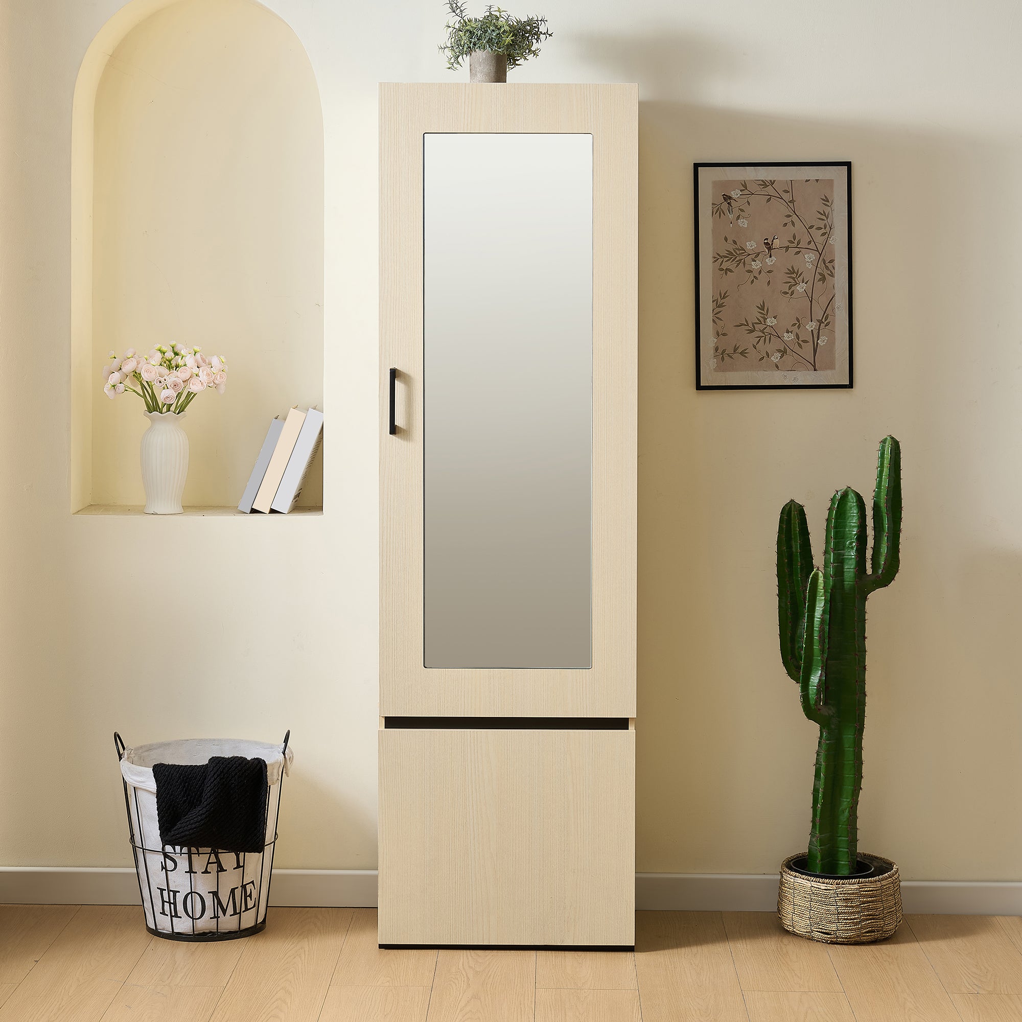 Wardrobe Narrow, Mirror & Pull-Out Rail, Space-Saving MDF