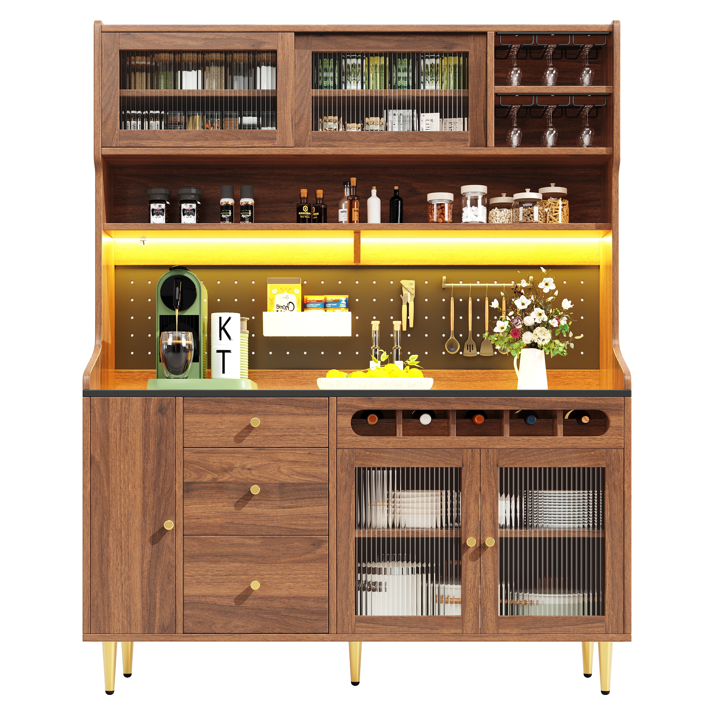 Tall Cabinet LED Lighting Wine Rack Adjustable Shelves 145x39x171cm Walnut Color