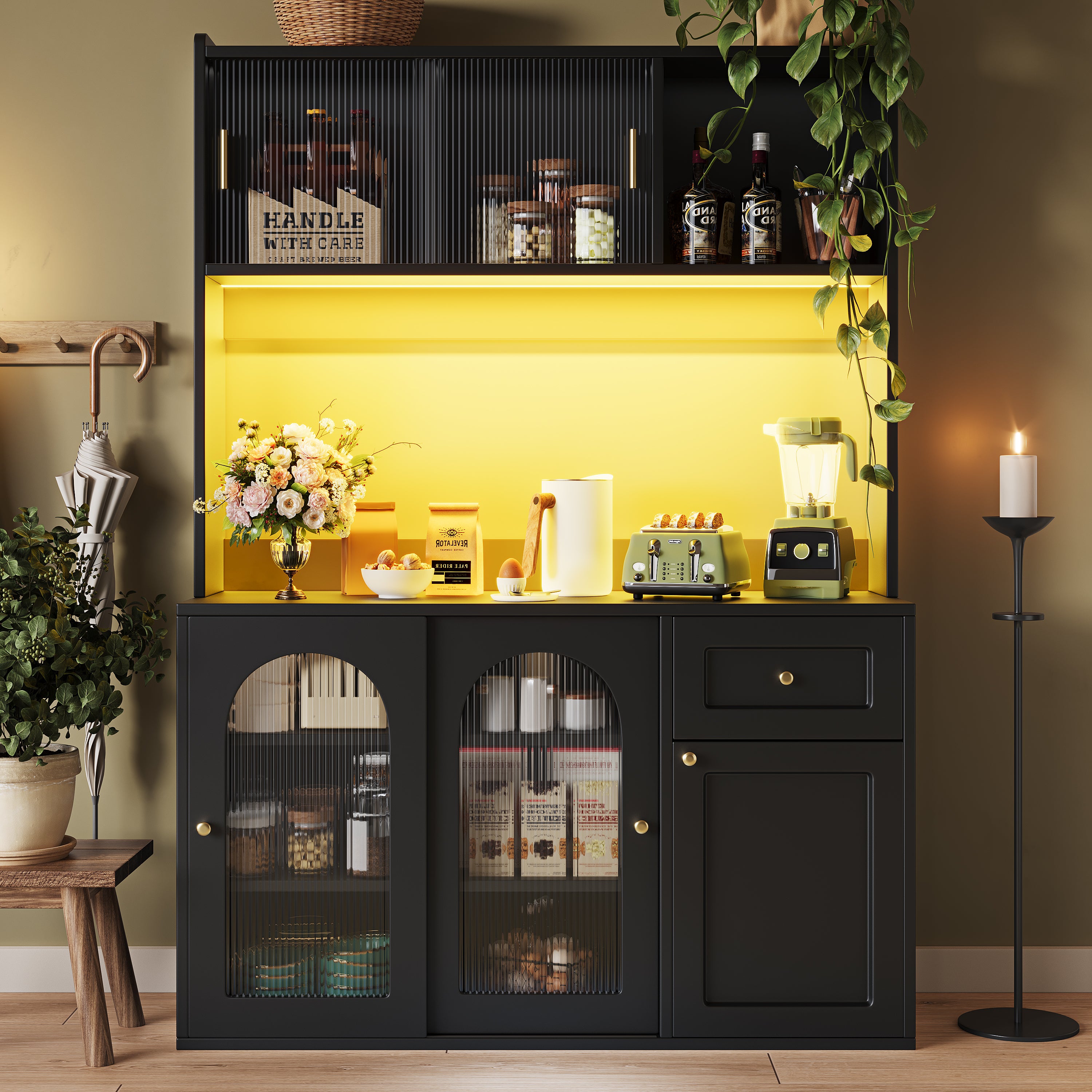 Tall Cabinet Buffet Display with Adjustable Shelves LED Lighting Black