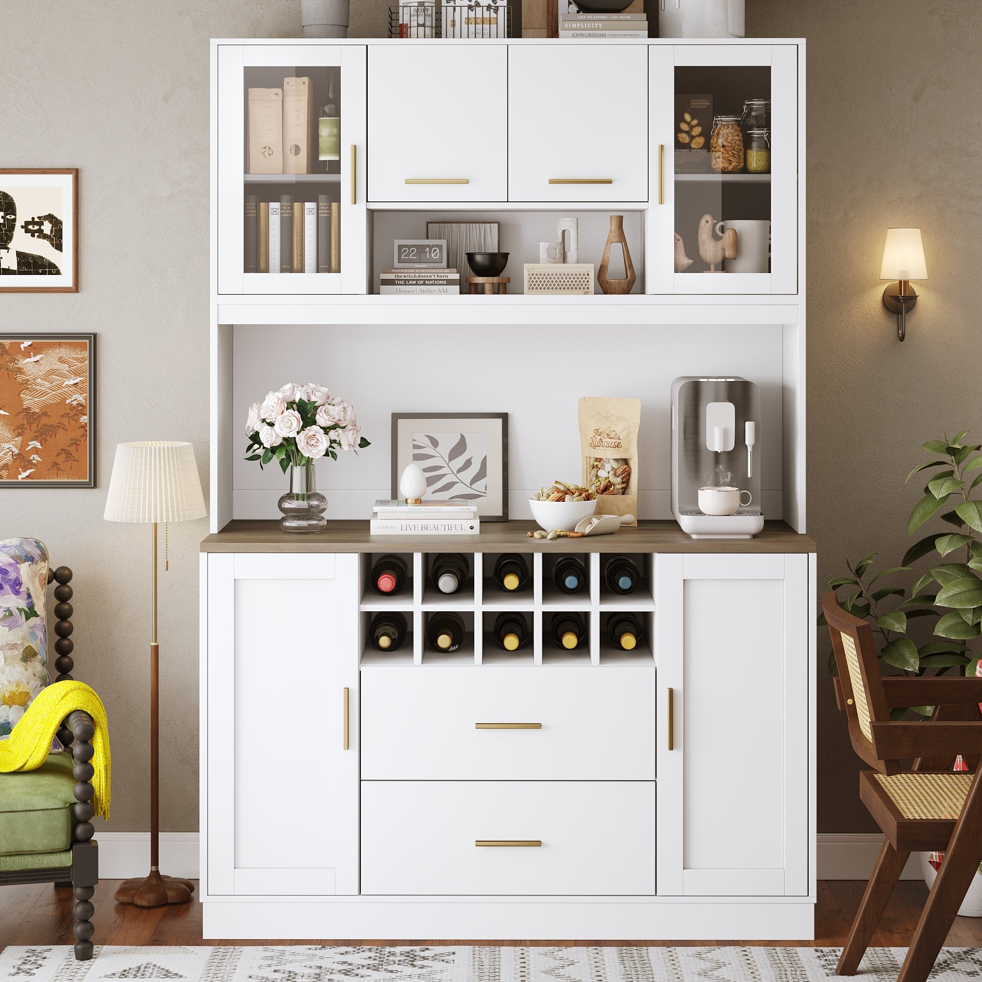Sideboard Kitchen Cabinet with LED Lighting and Socket, Black and White