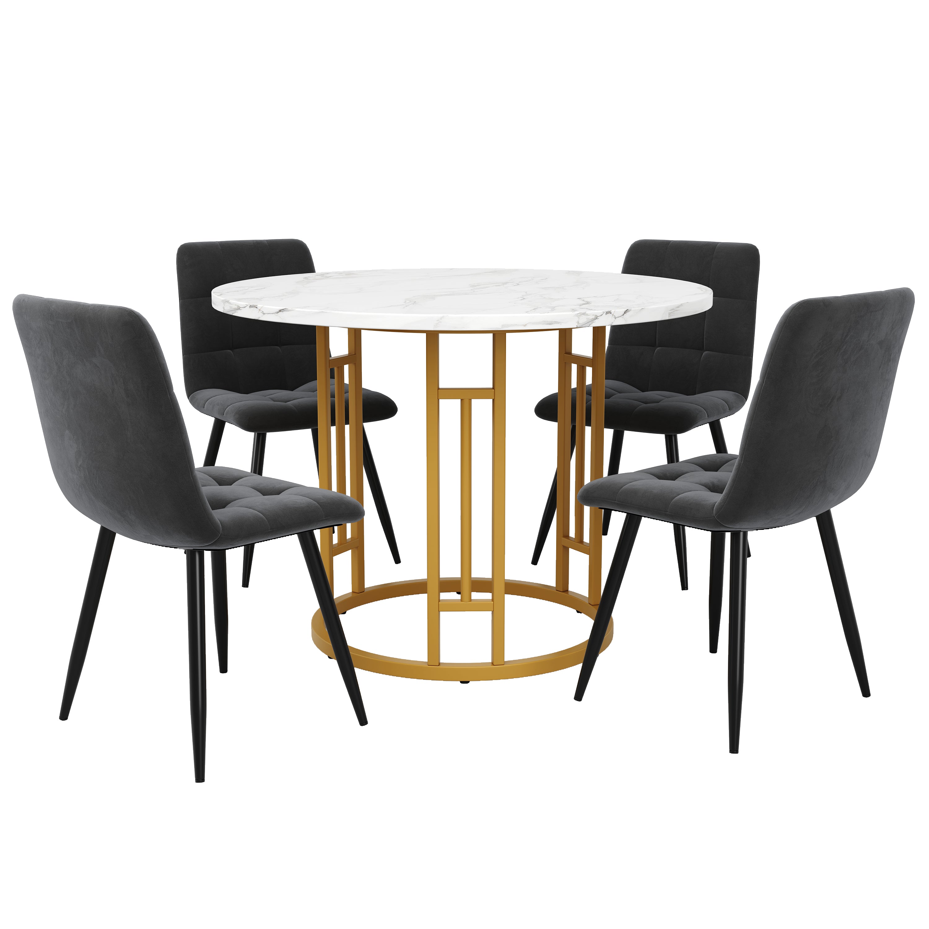 Dining Table Set, 5-Piece Round with 4 Chairs, Gold Metal Legs, Grey MDF Marble