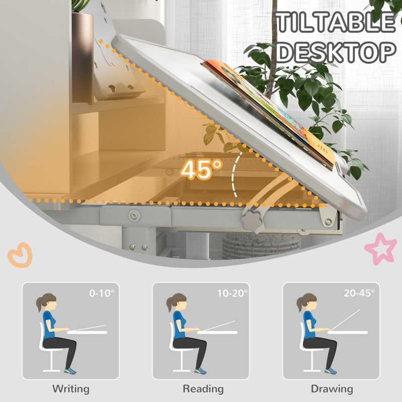 Height Adjustable Kids Study Table and Chair Set w/ Drawer, Storage Shelf, Grey