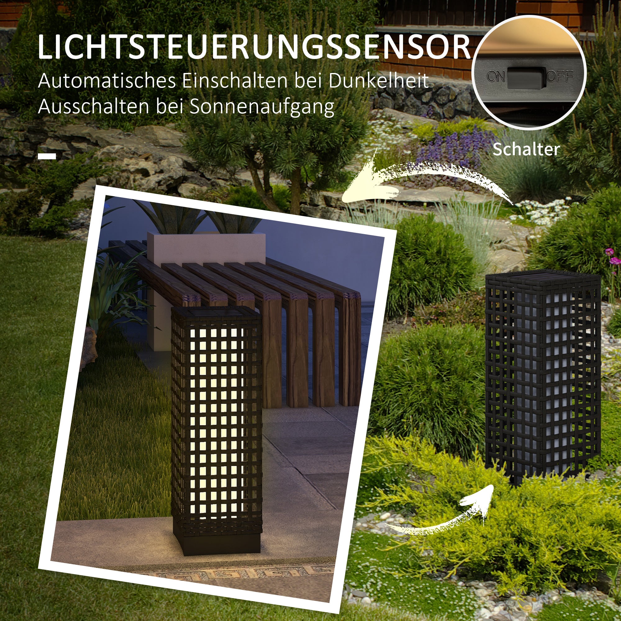 Solar Light Rattan Design Waterproof Light Sensor LED Garden Lamp, Black