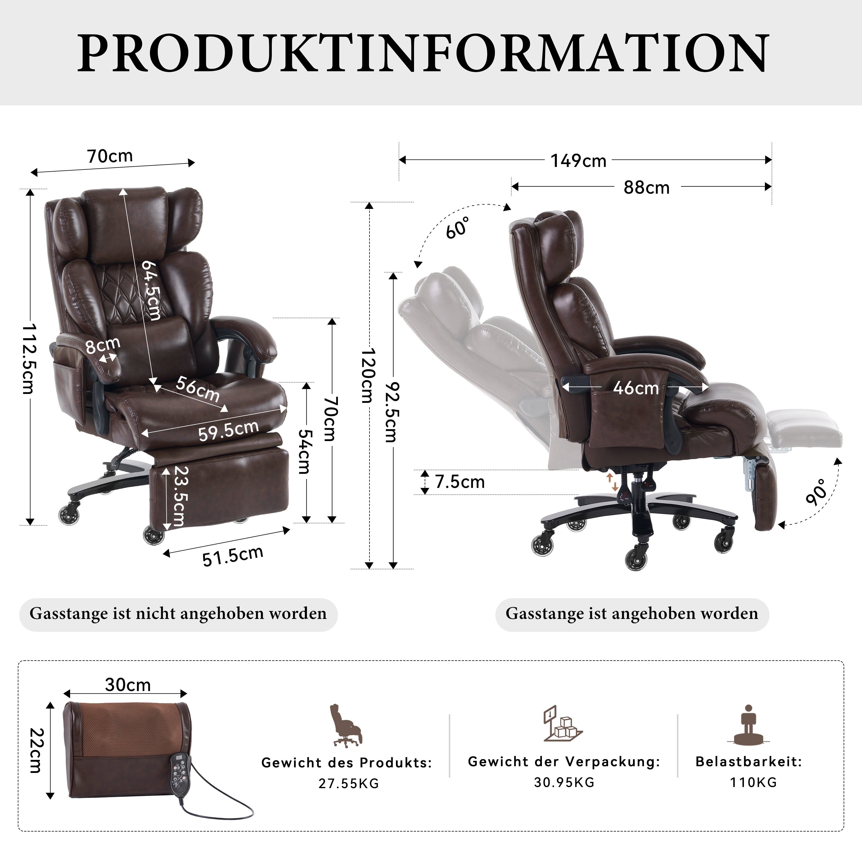 XXL Ergonomic Office Chair with Massage and Heating Function, Footrest and Adjustable Backrest, Brown PU Leather
