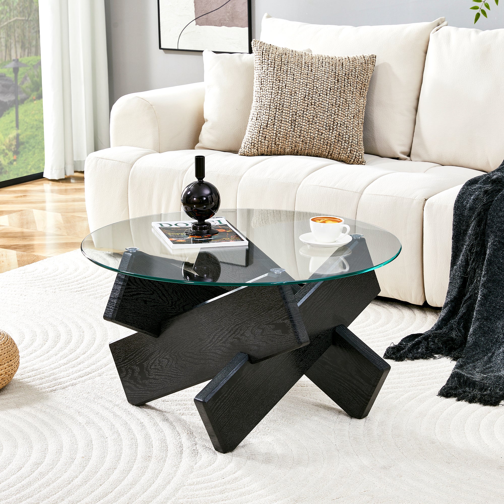 Round Coffee Table 79cm - Tempered Glass Top, Black Wood Grain Legs - MDF/Glass