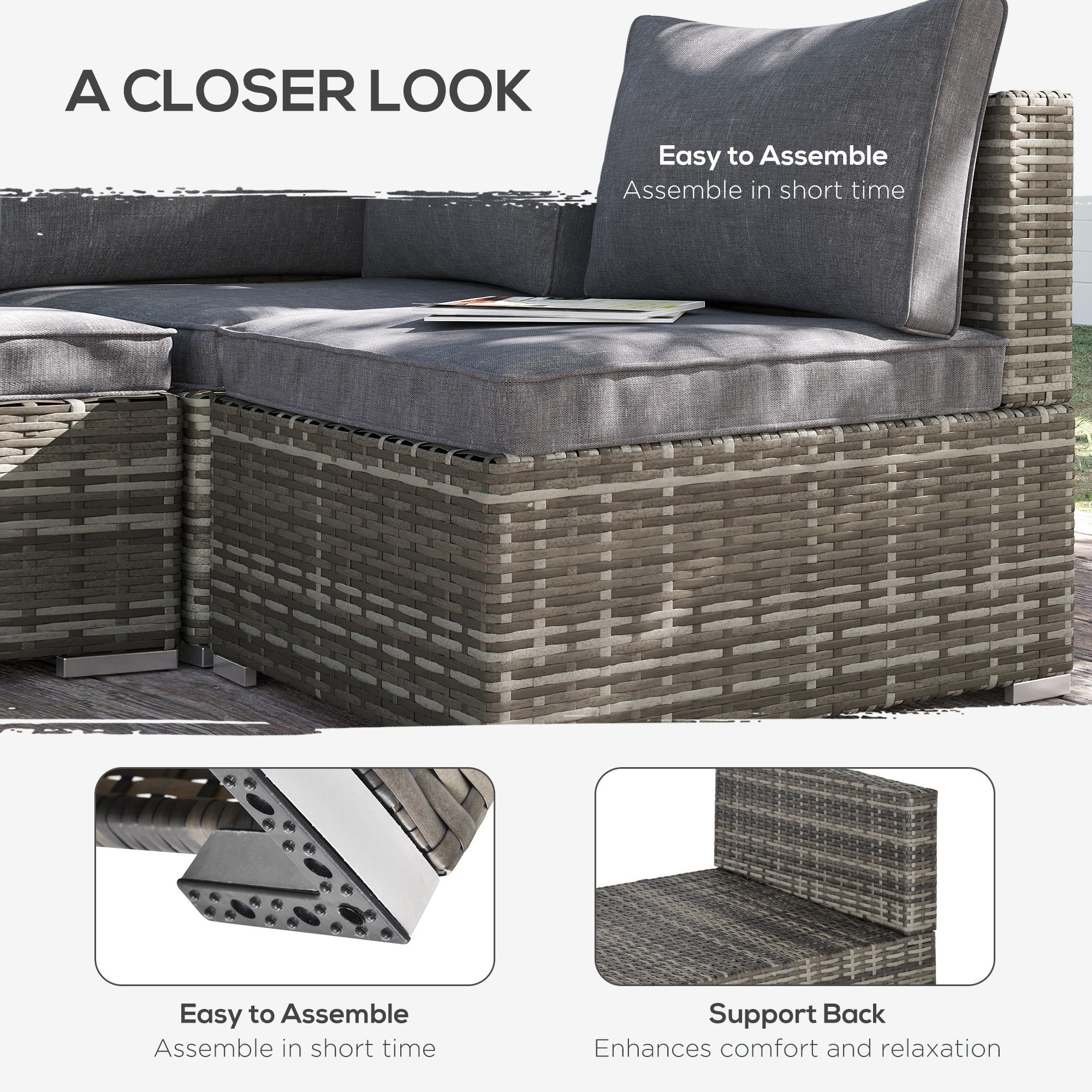 Armless Rattan Garden Chair with Cushions, Adjustable Footpads, Deep Grey PE Wicker