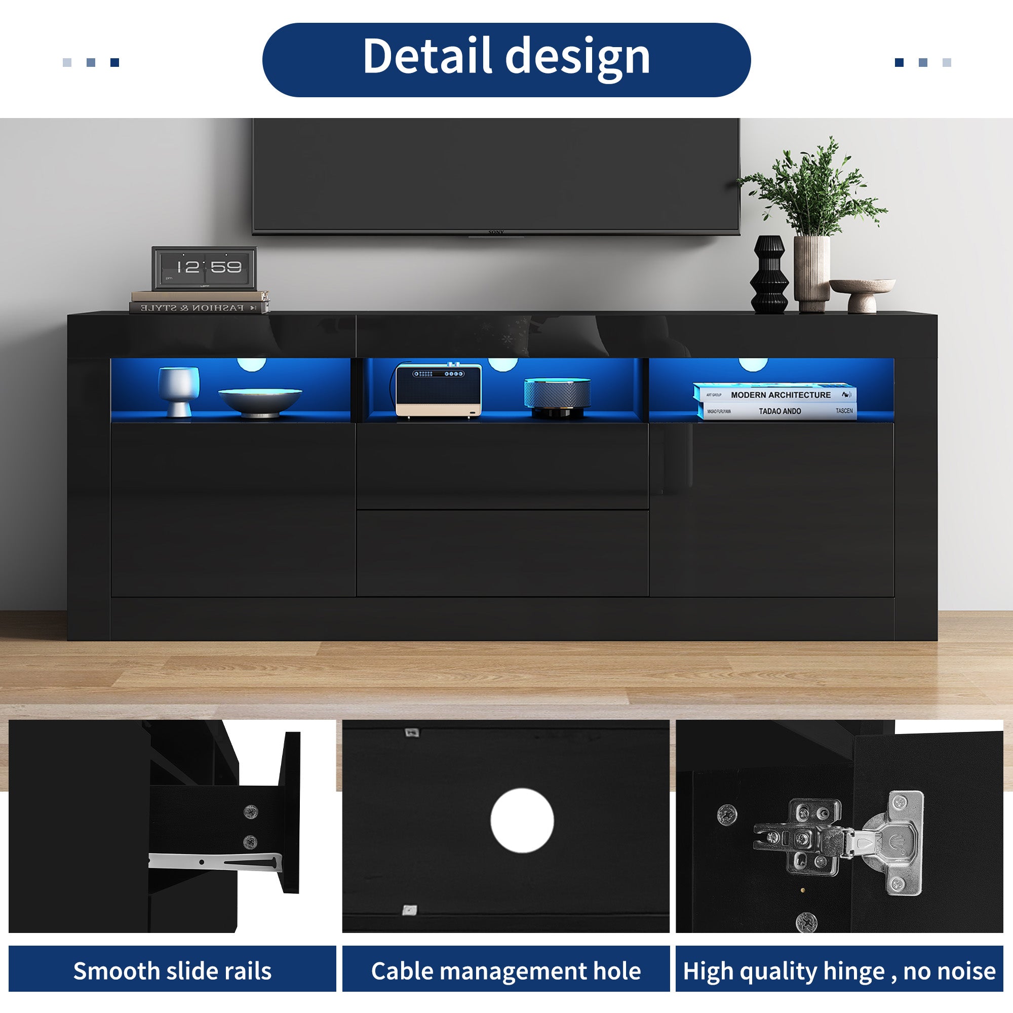TV Cabinet, 160x35x60cm LED Lighting, 3 Open, 2 Door, 2 Drawer, Smart App Control, for 70-inch TVs, High Gloss