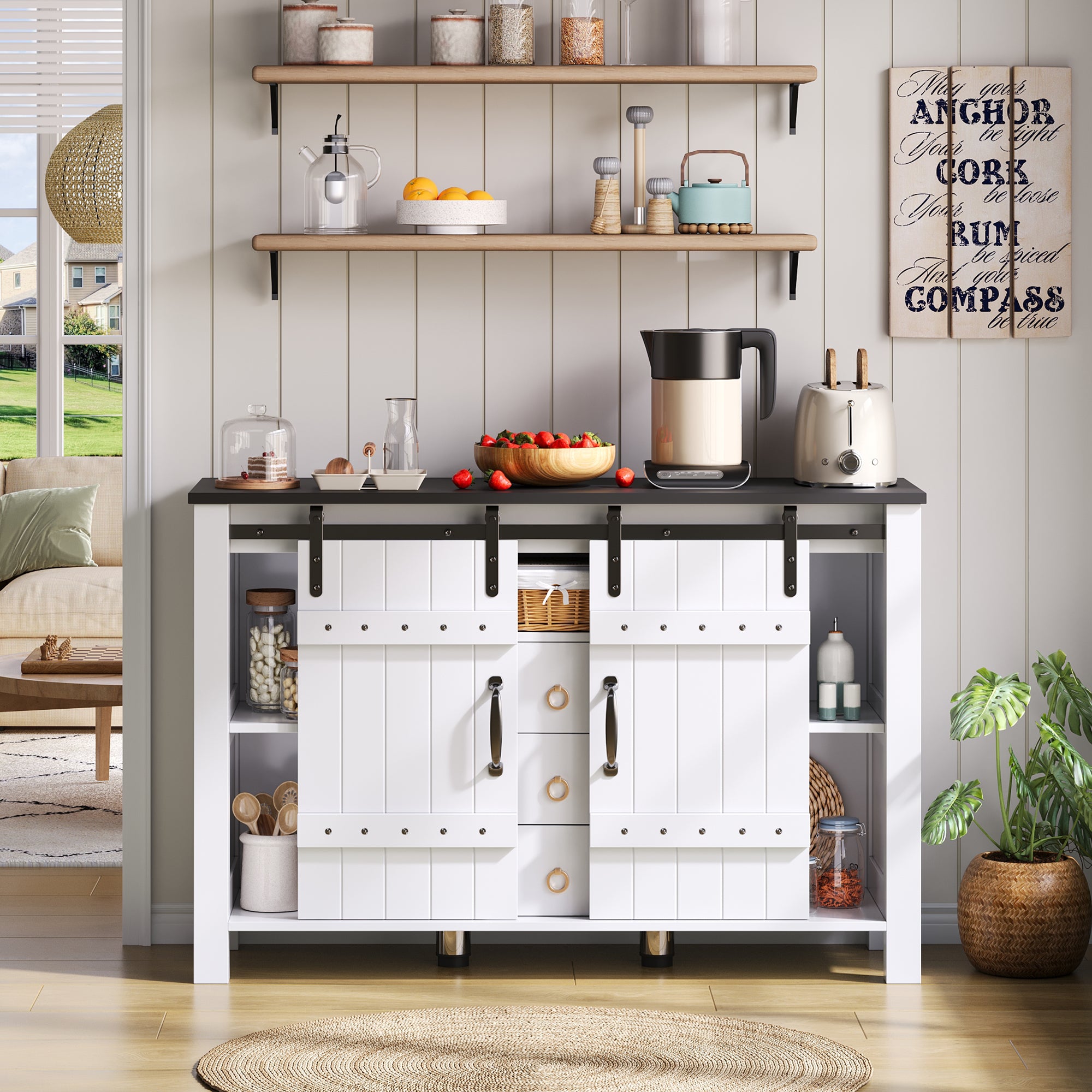 Sideboard Buffet 120cm Sliding Doors 3 Drawers - Rustic White