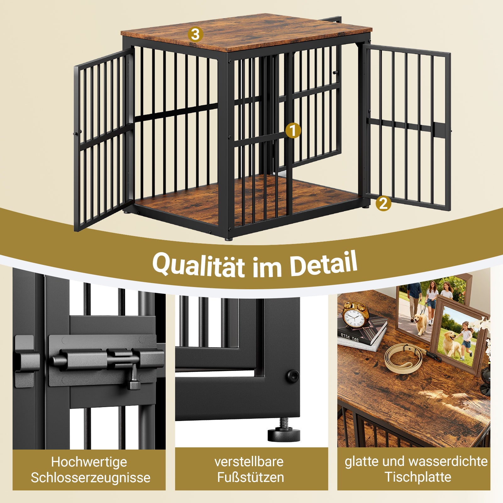 Modular Dog Crate Furniture 3 Doors Waterproof Top 2-in-1 Side Table Stackable - Retro Brown