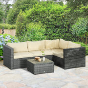 3 Pieces PE Rattan Garden Furniture Set, 4 Seater Corner Sofa, Glass Top Table, Beige