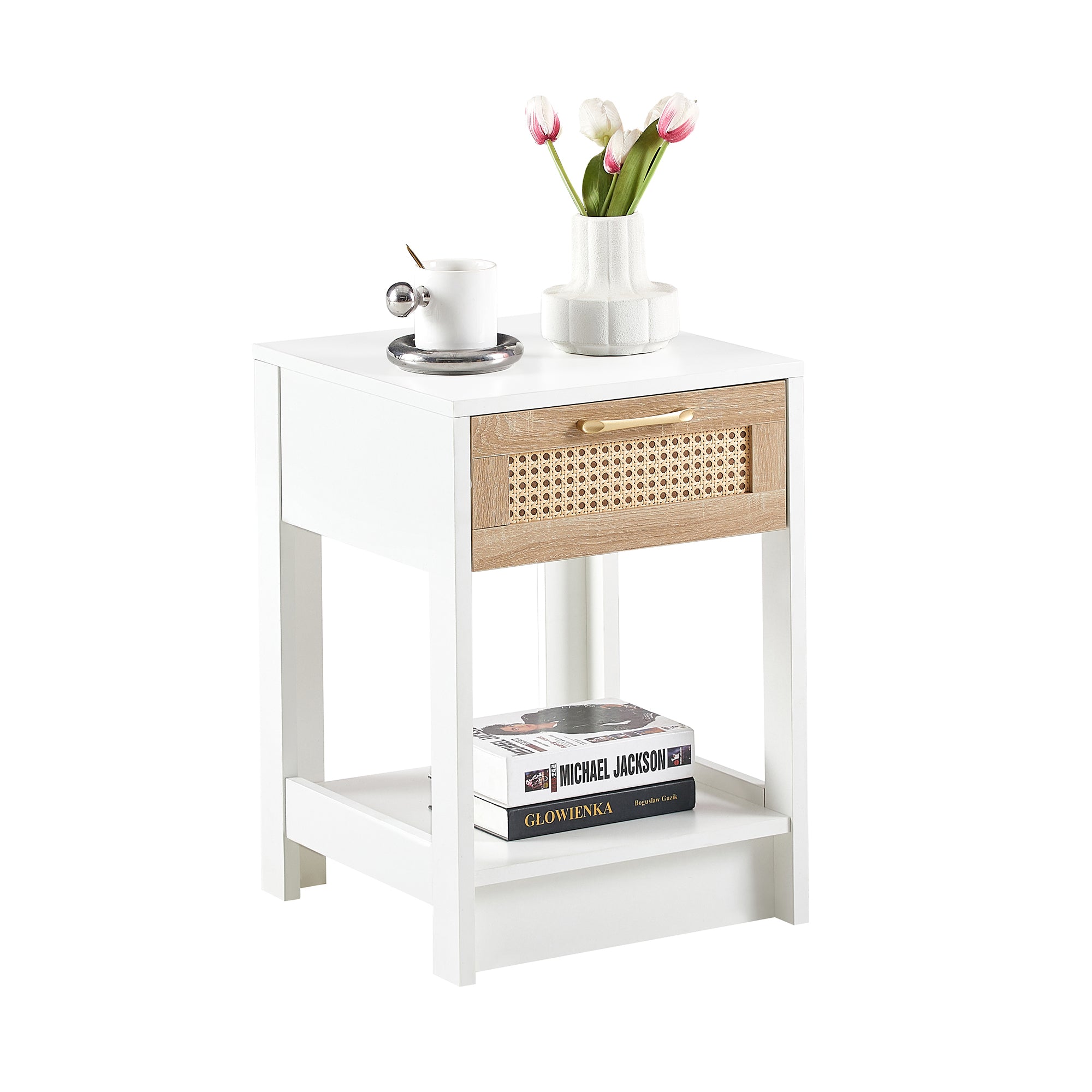 Rattan Side/Bedside Table with Drawer Modern - White