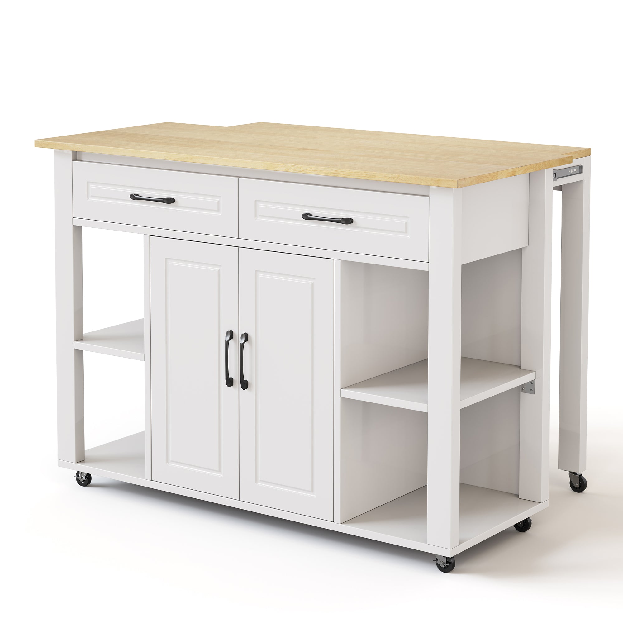 Mobile Kitchen Island with Power Outlets and Extendable Bar Counter, Wood Look