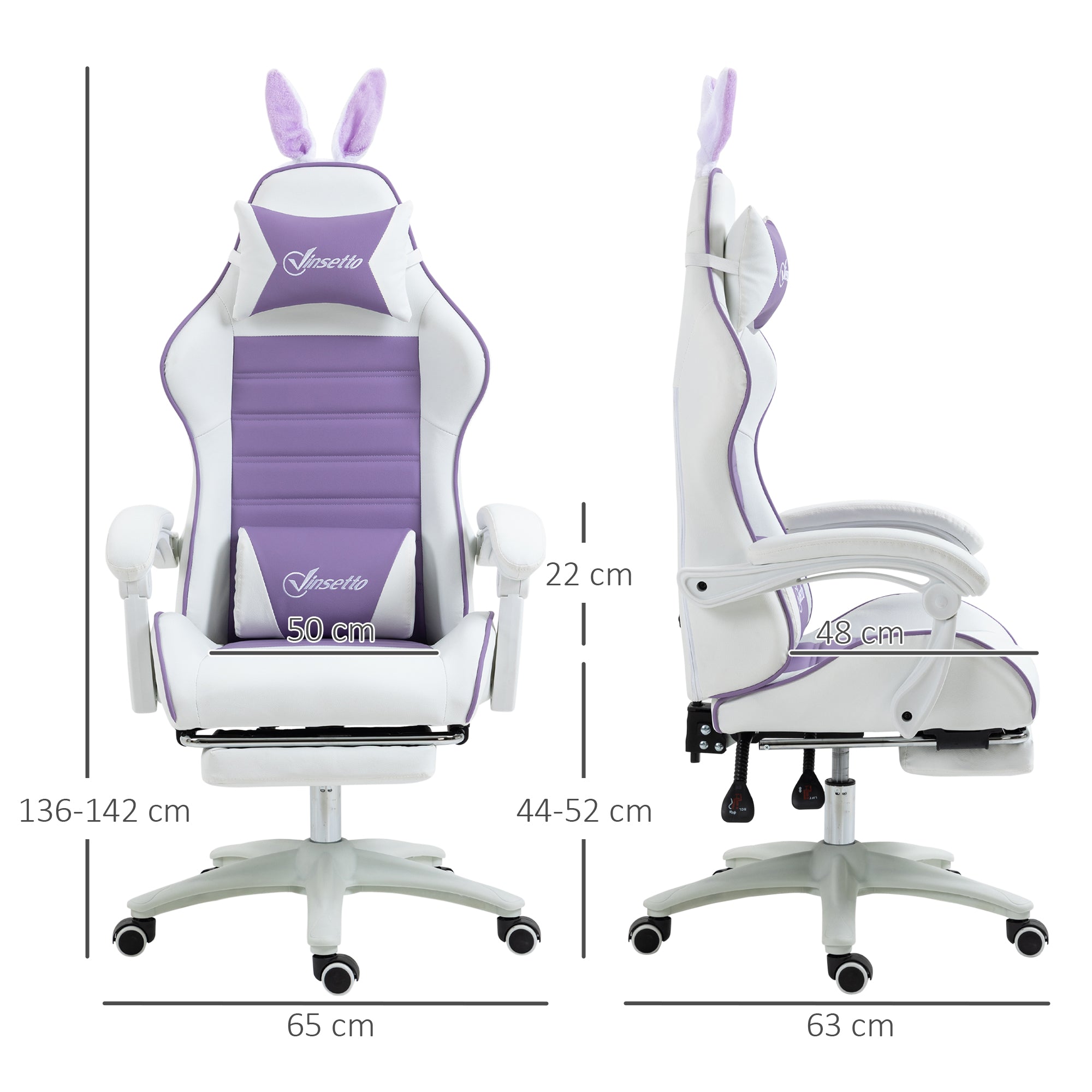 Racing Gaming Chair, Reclining with Removable Rabbit Ears, Footrest, and Headrest, PU Leather, Purple