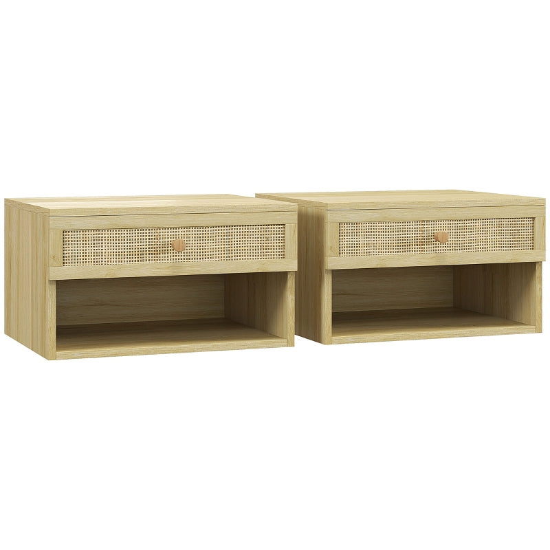 Set of Two Floating Bedside Tables Rattan Panel Wood-Effect