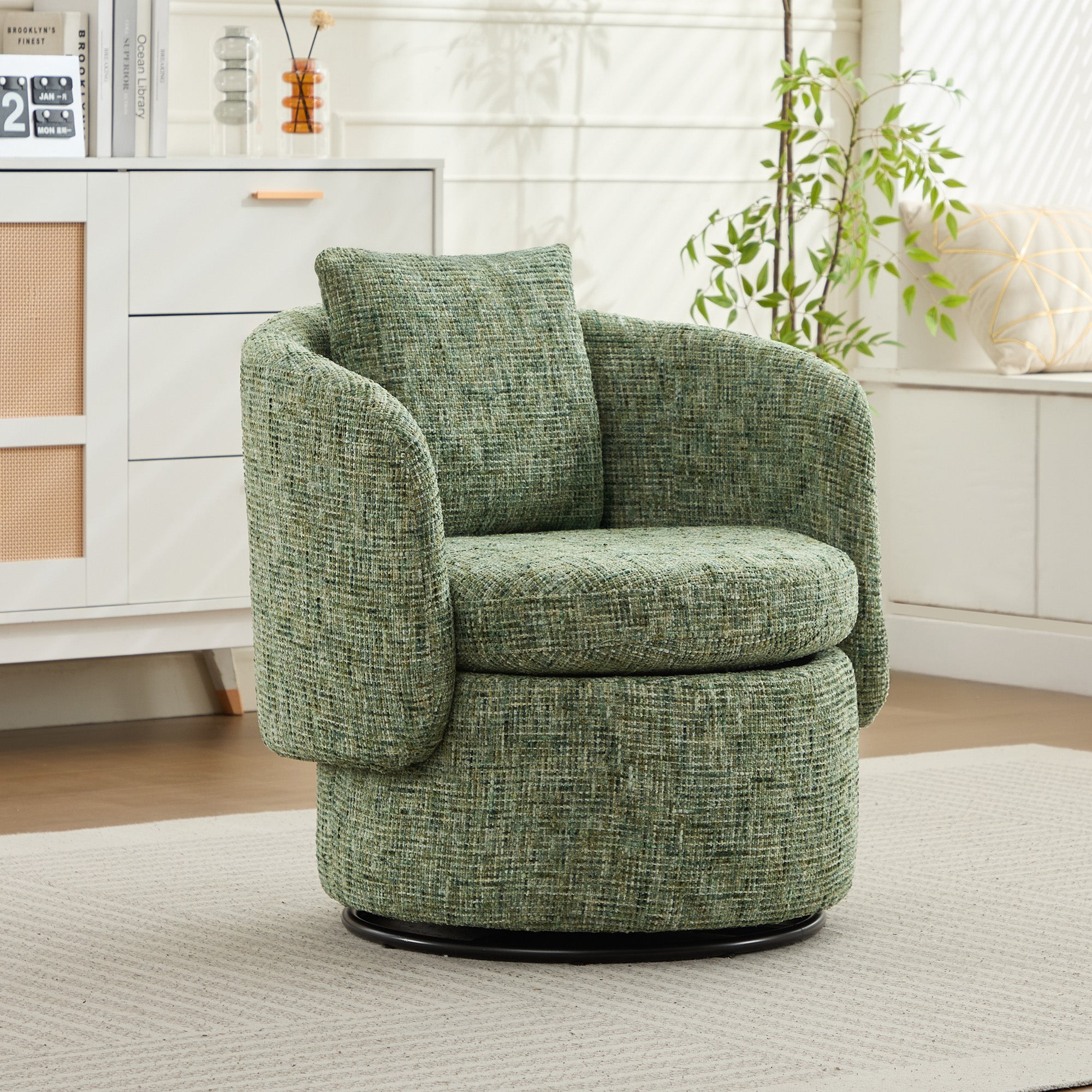 028 Swivel Armchair, 360° Rotating, Hidden Storage, Plump Back Cushion, Green
