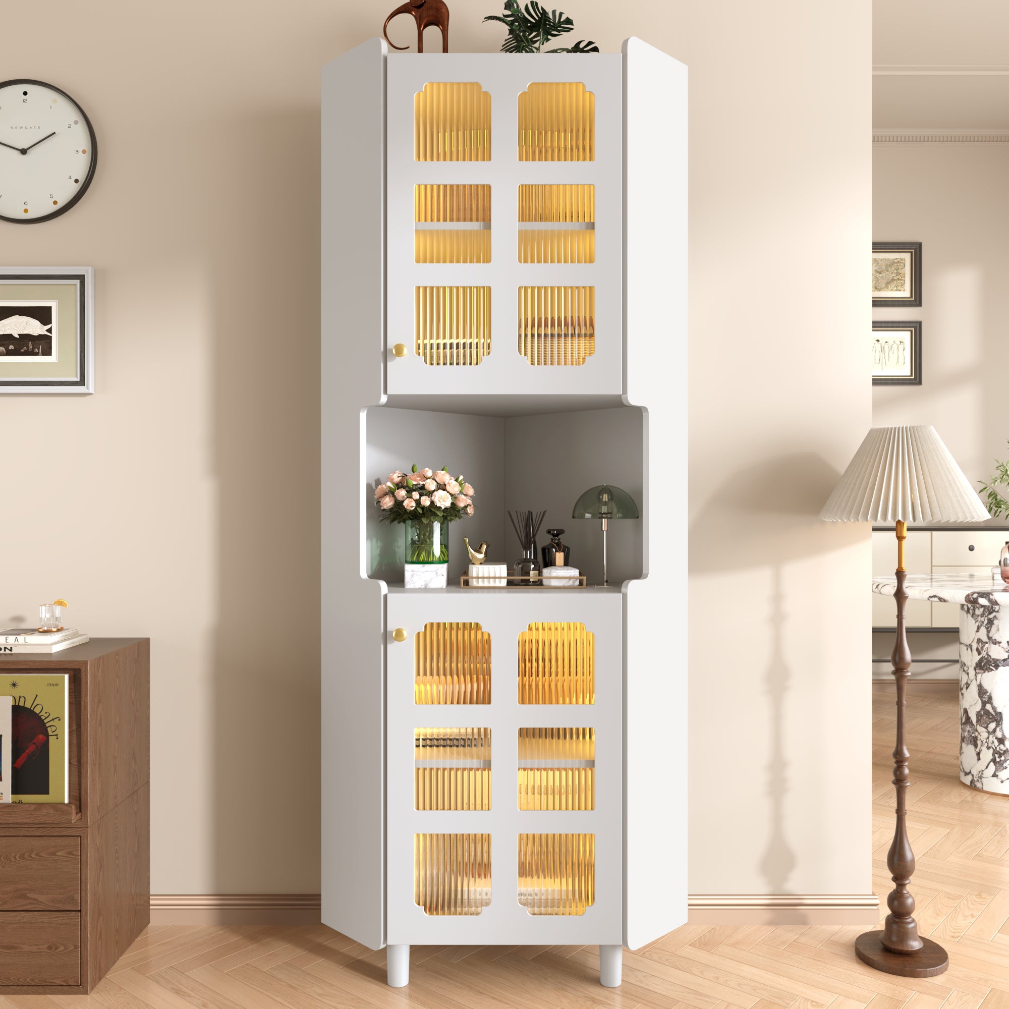 Corner Cabinet LED Multifunctional Storage - White Lacquer Finish