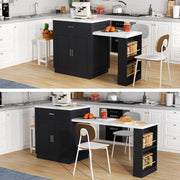 Kitchen Island with Extendable Dining Table for 4-6 People, Power Outlet and Storage Drawers, Black and White Marble Look