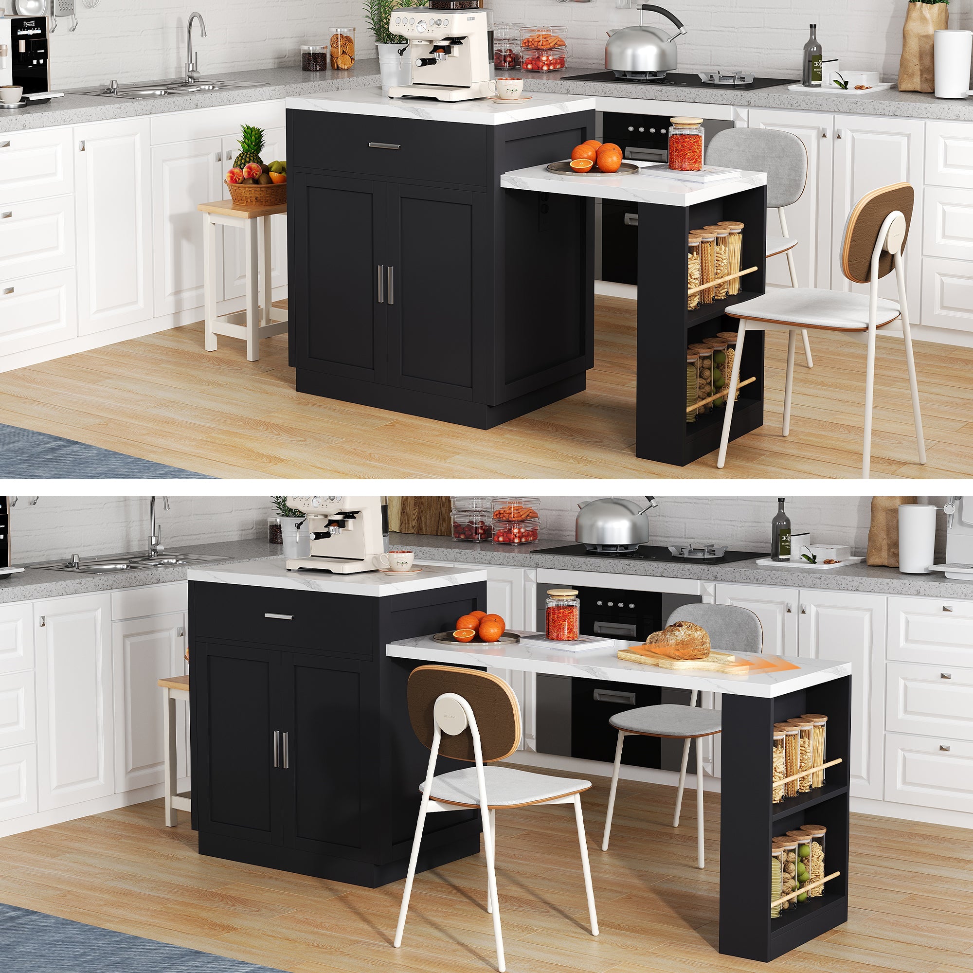 Kitchen Island with Extendable Dining Table for 4-6 People, Power Outlet and Storage Drawers, Black and White Marble Look