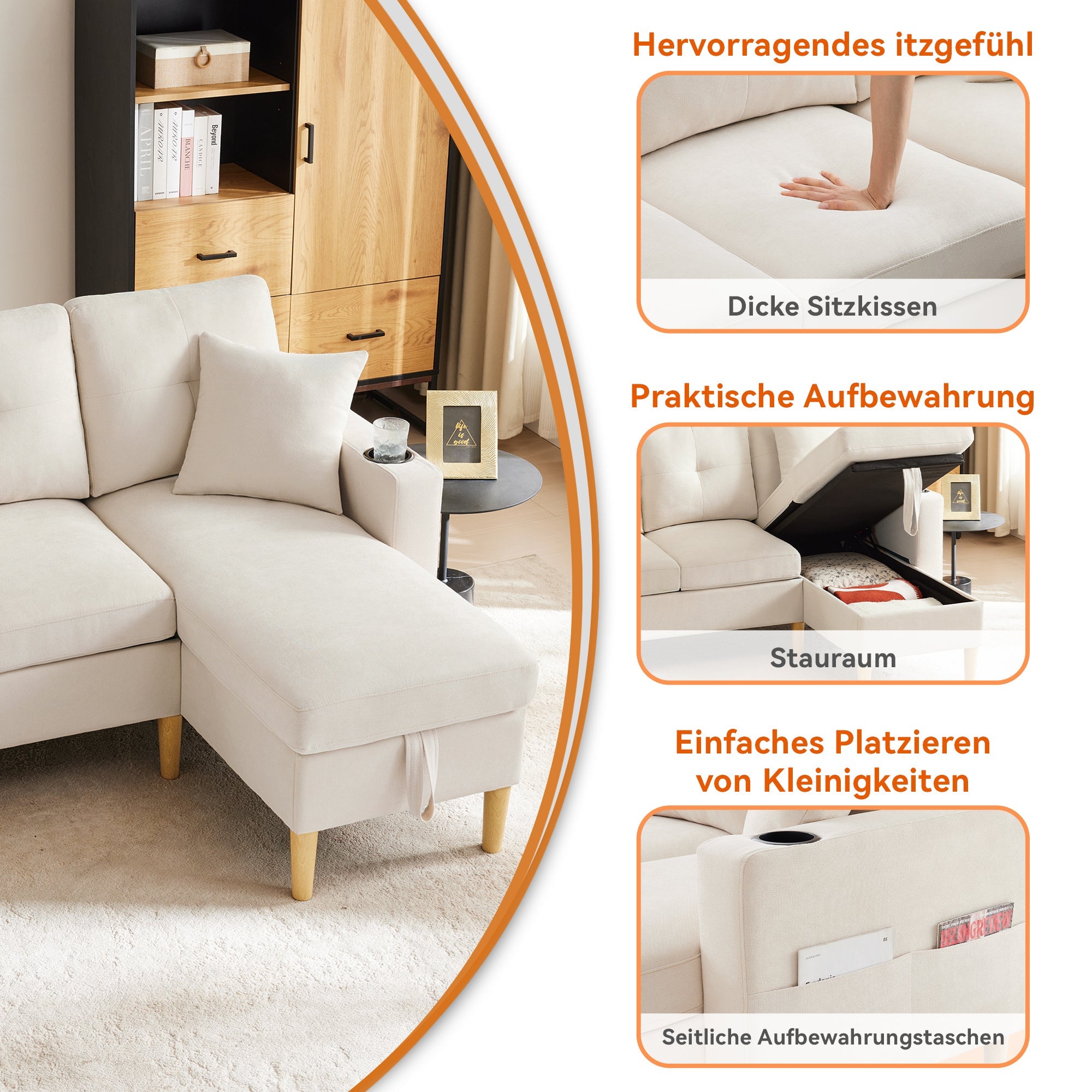 L-shaped modern sofa, 3-seater with chaise longue, storage, cup holder, 2 pillows