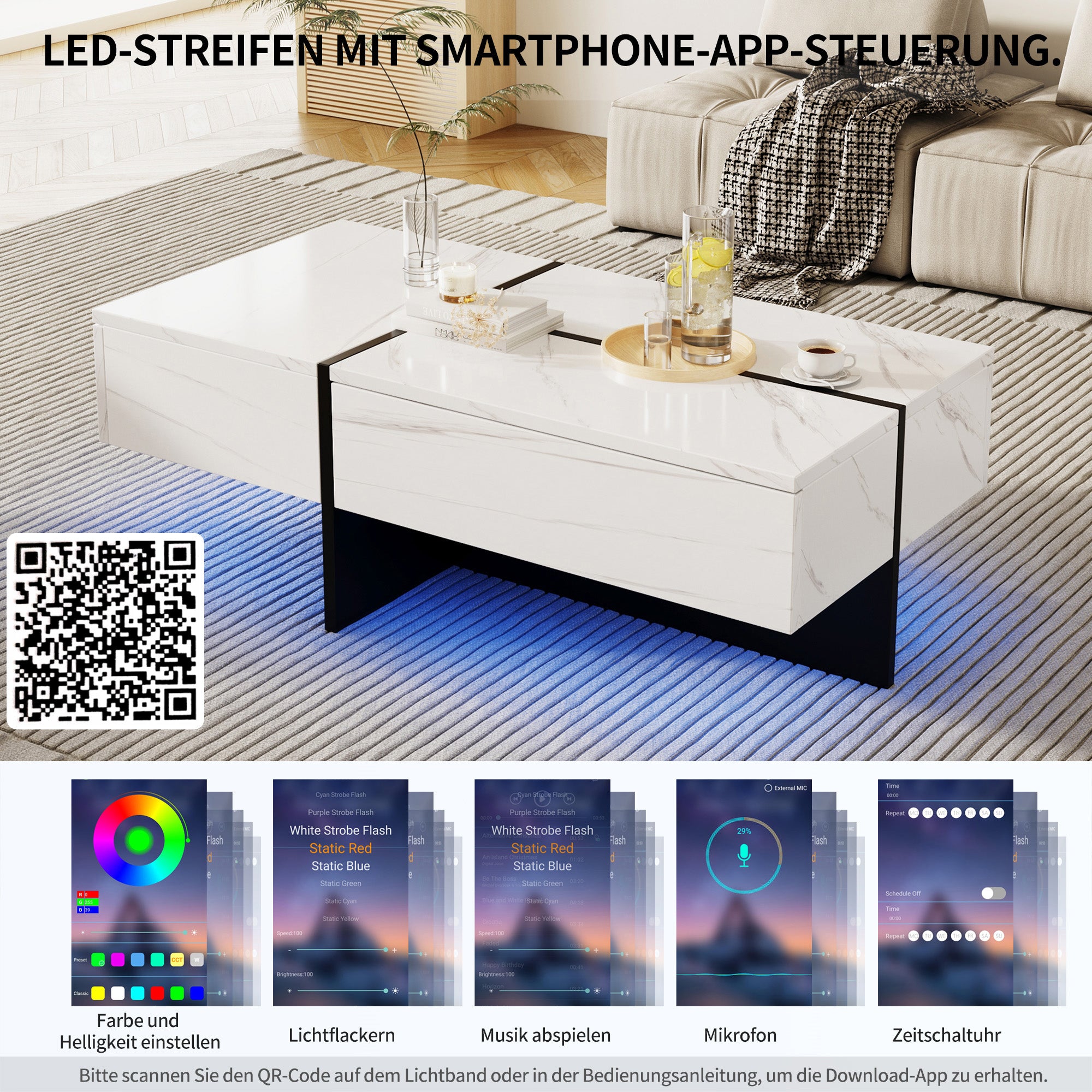 High-Gloss Coffee Table, 100x50x34.5cm, White Marble & Black Top