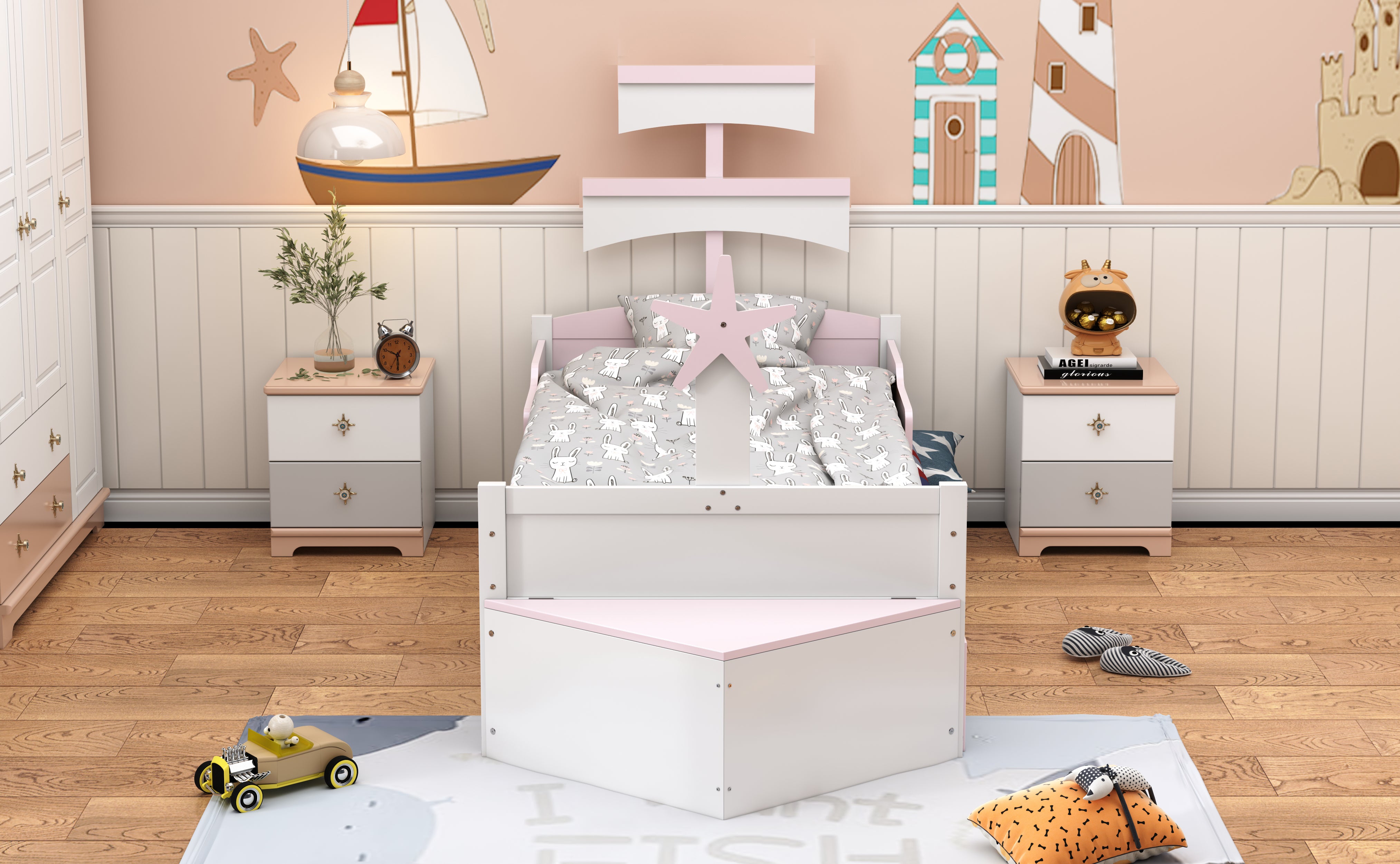 Children's Bed 90*200, Sailboat Shape with Pull-Out Bed & Storage, Pink Wood