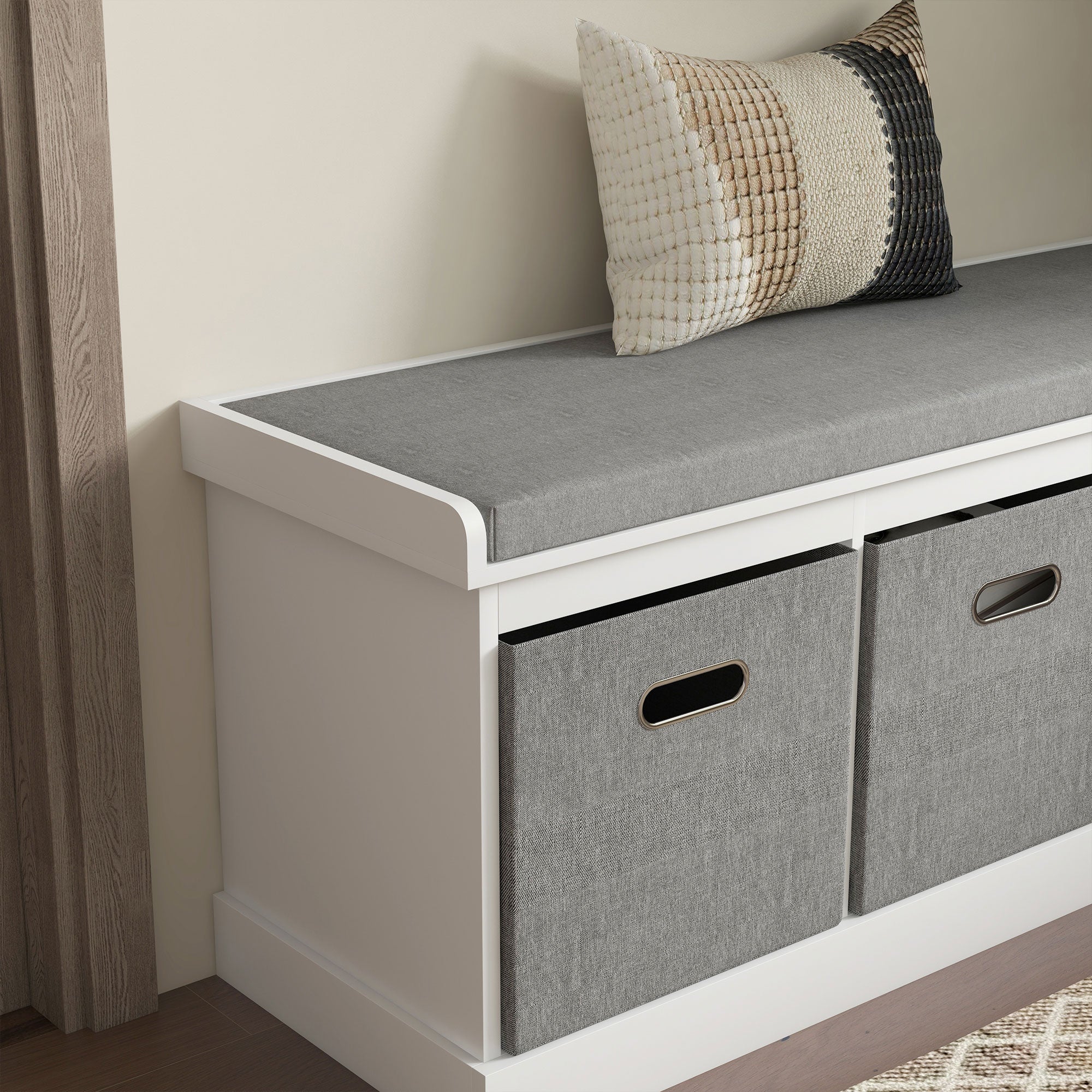 Shoe Storage Bench, Three-Drawer Padded Seat - White