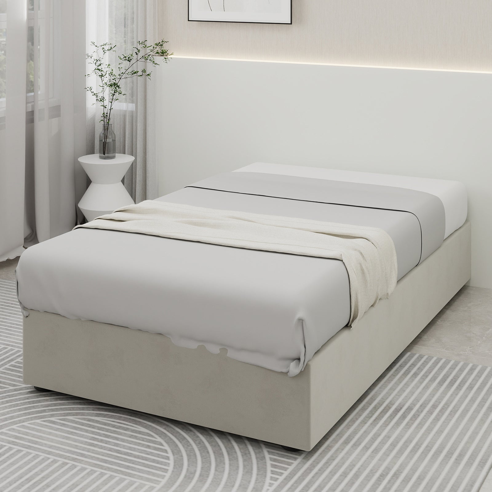 Modern Minimalist Bed Frame, Gas Lift Piston, 90x200cm, Beige Dutch Velvet