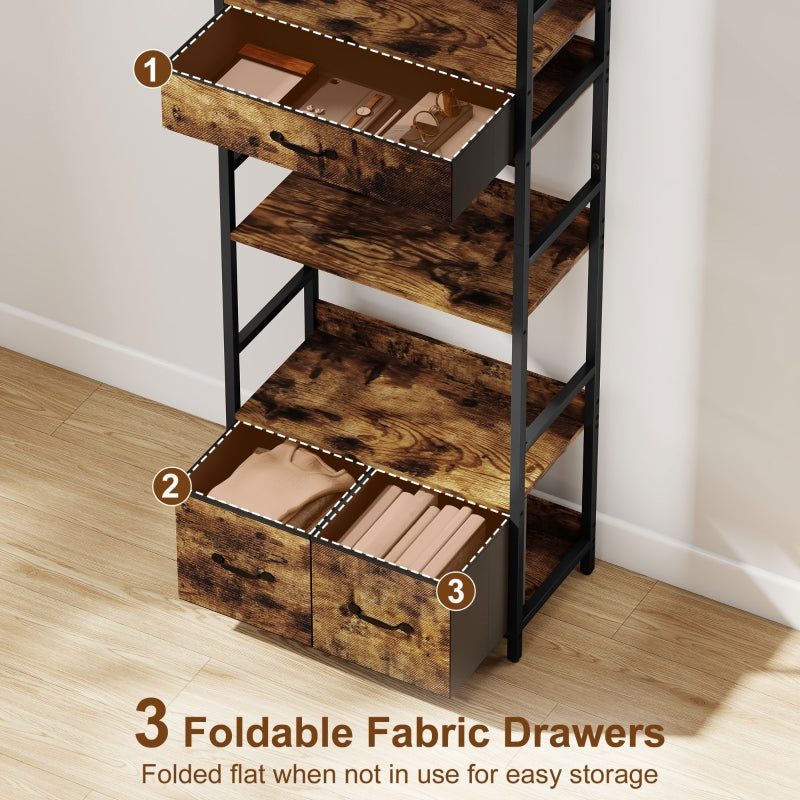 Industrial Style Bookcase, 4 Shelves 3 Fabric Drawers, Brown/Black