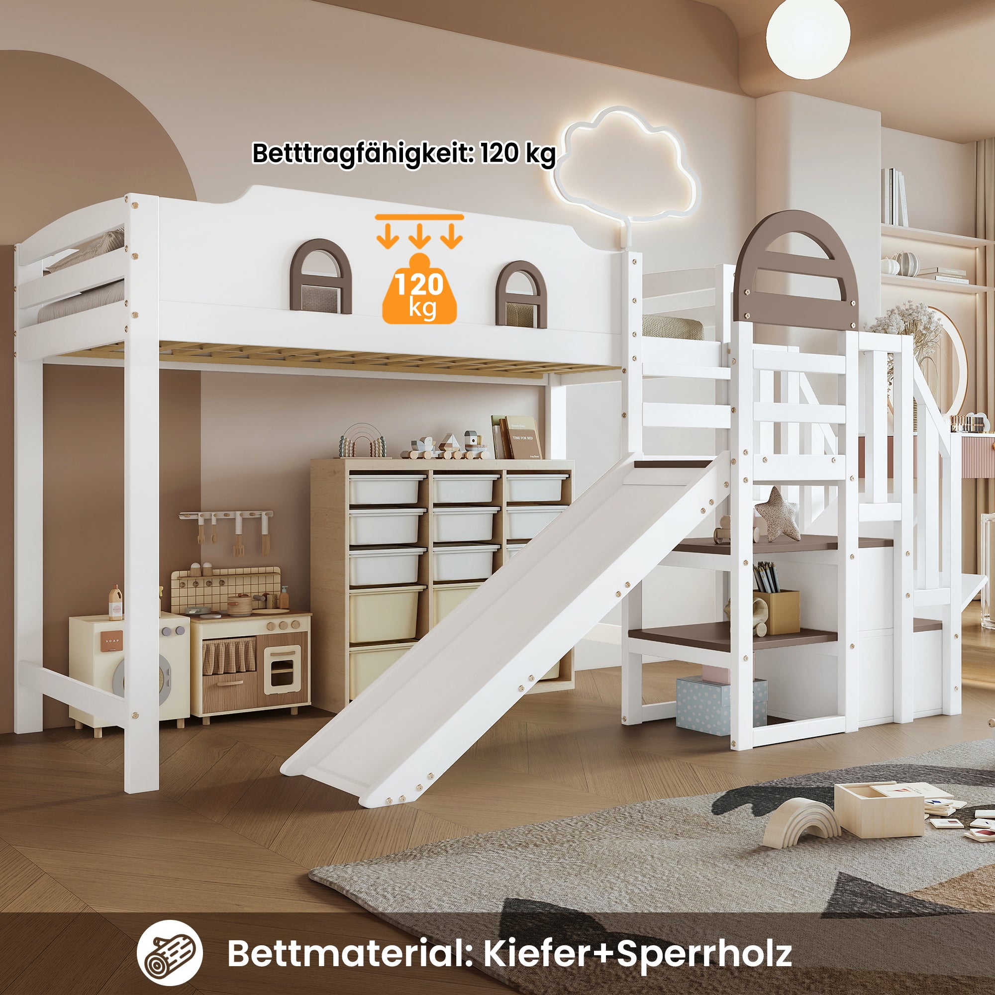 Bunk Bed, Children's with Window, Slide, Stairs & Storage, Pine + MDF, White + Brown, 90 x 200 cm