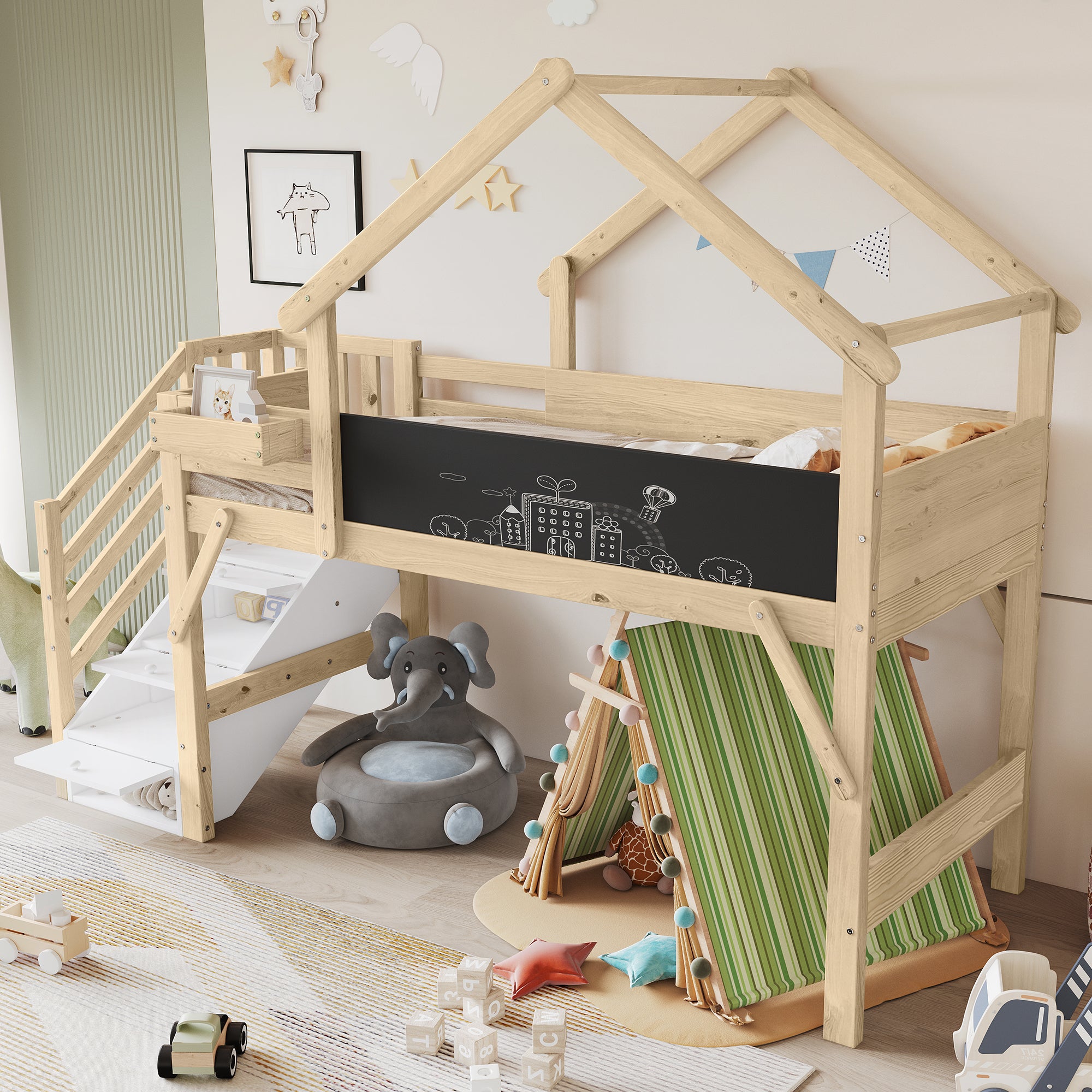 Children's Bunk Bed Roof Design Chalkboard Storage Stairs 90x200cm, White/Natural Pine/MDF/Plywood