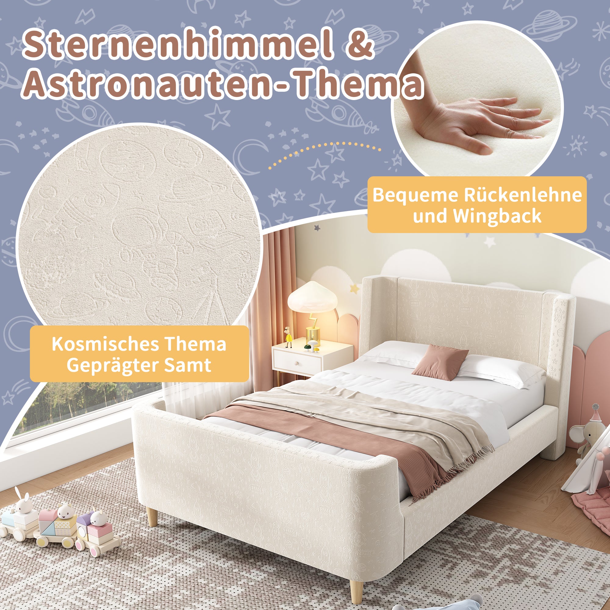 Upholstered Children's Bed, Single Sleigh with Cosmic Pattern, Beige Velvet