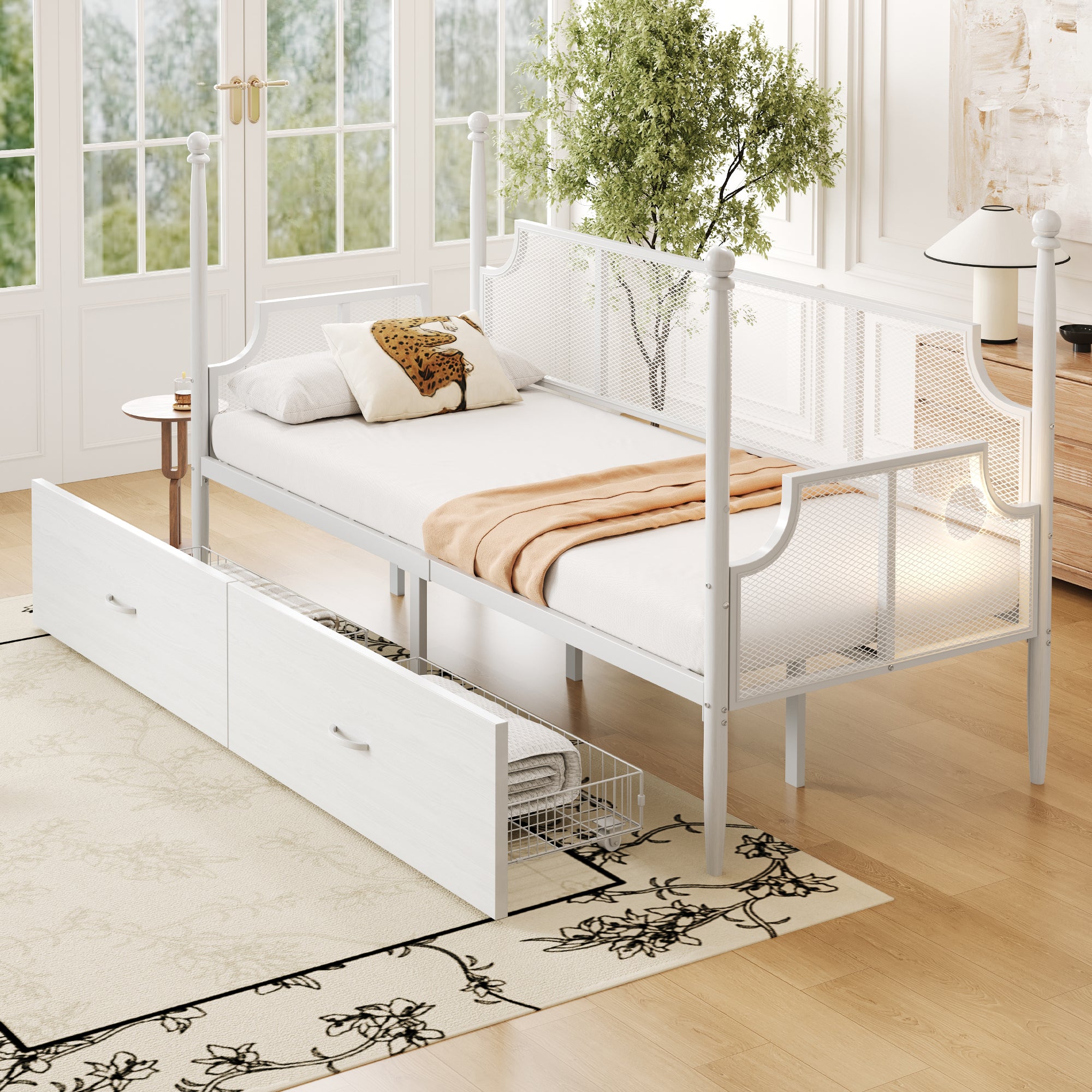 Iron Sofa Bed, 90x200 Vintage Mesh with Storage, White