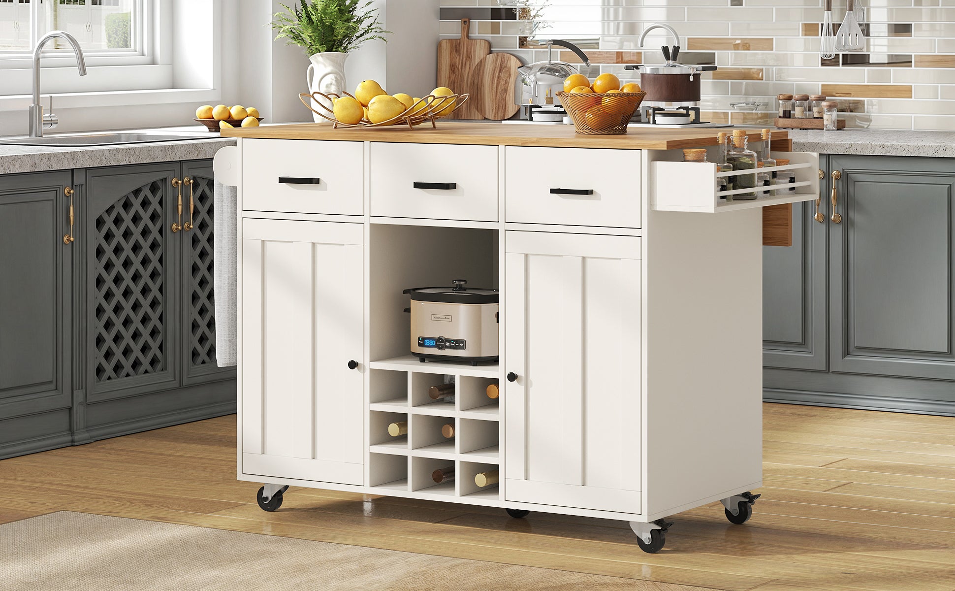 Dining Cart Removable Worktop Spice Rack Adjustable Storage - White