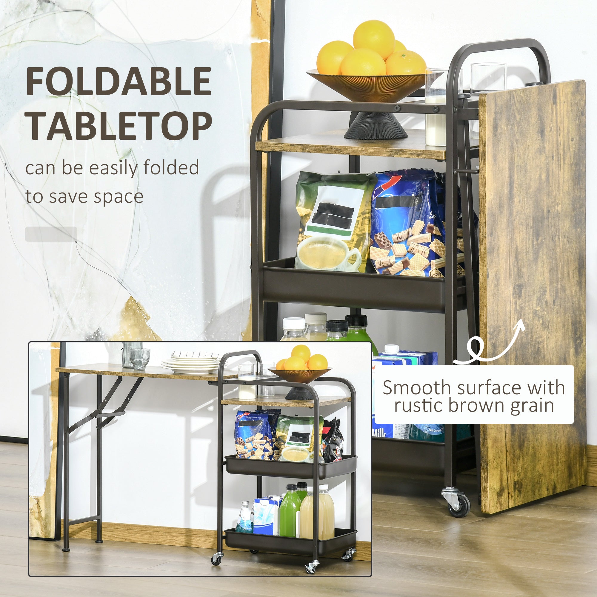 Kitchen Trolley with Folding Table Top, 2 Trays, Wheels, and Adjustable Foot Pads, Metal