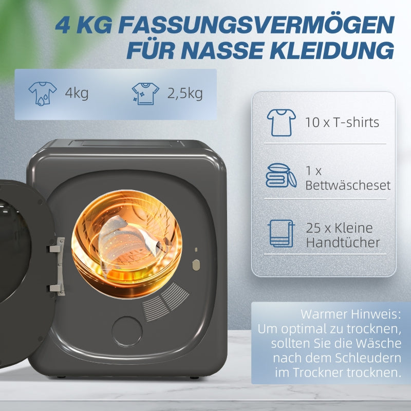 Mini Clothes Dryer, 6 Programs 4 kg 800W Exhaust, Gray