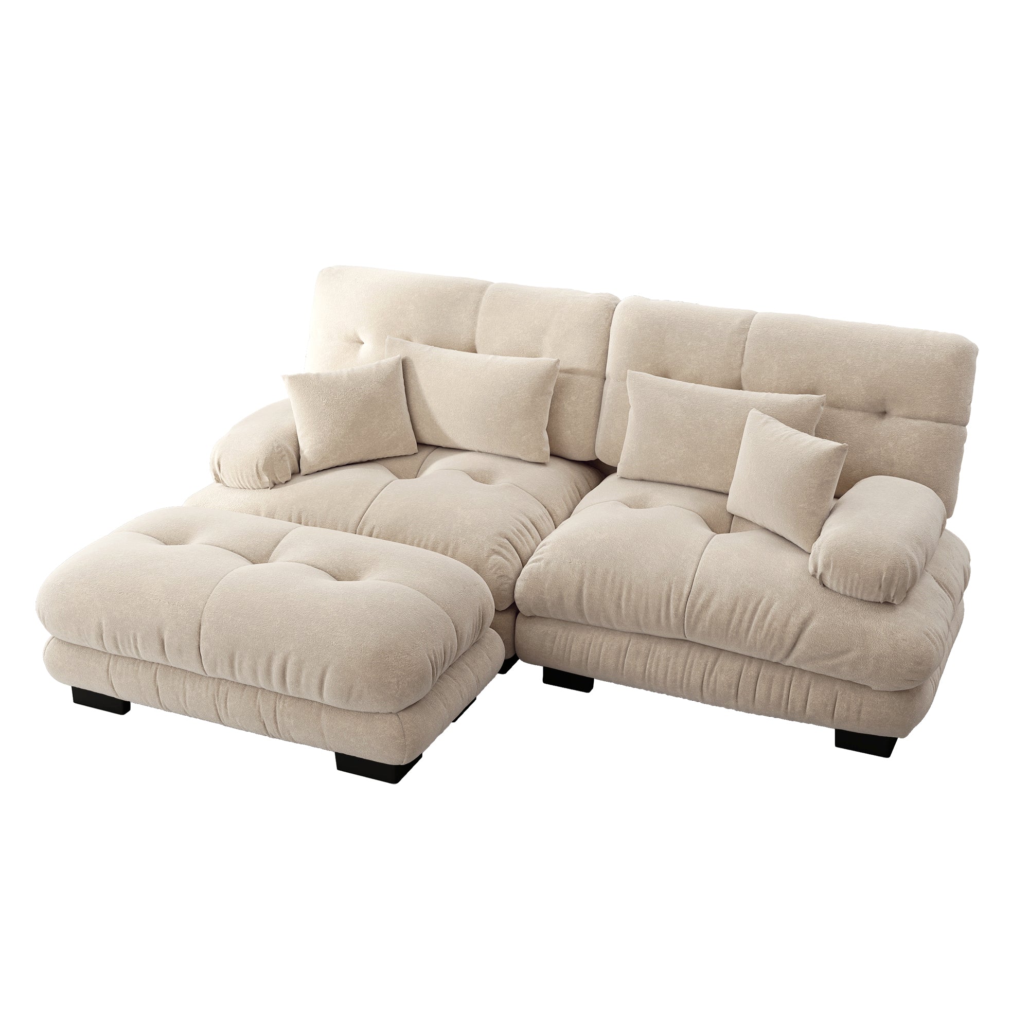 Cloud Corner Sofa, Double with Lumbar & Decorative Pillows, Ottoman, Chenille Light Brown