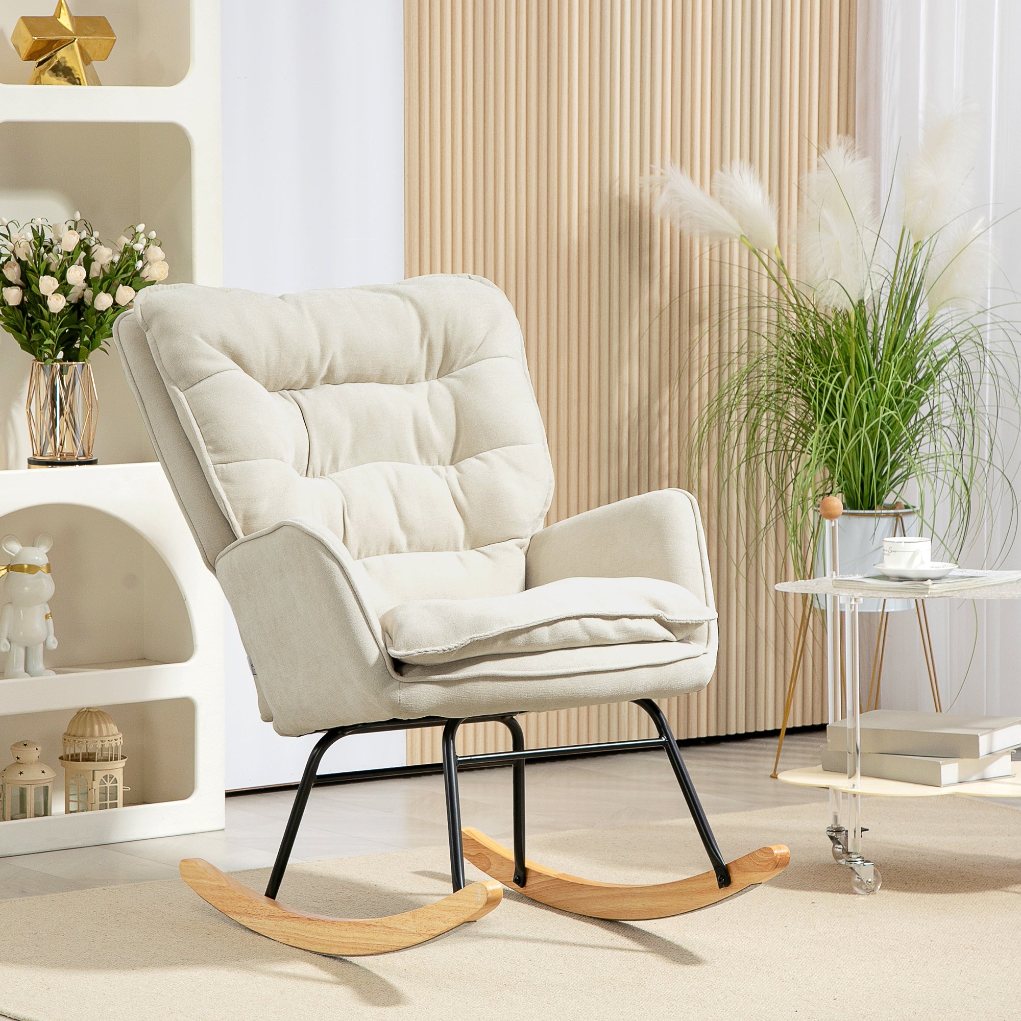 Rocking Chair, Armrests, Nursing, 120 kg Load Capacity, Chenille Look, Beige