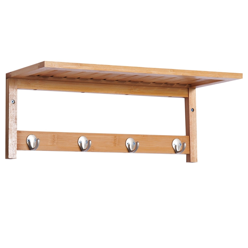 Wall Mounted Coat Rack with 4 Hooks, Rail, and Shelf, Wood