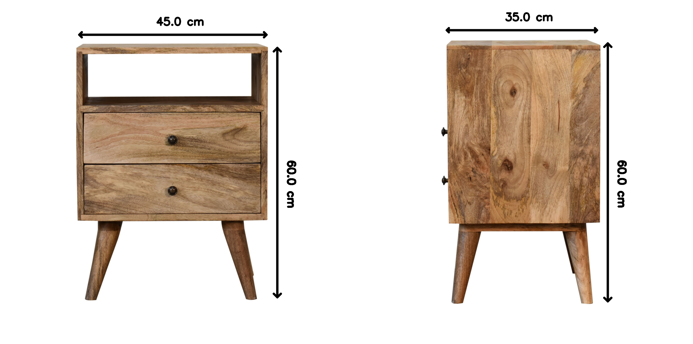 Solid Wood Bedside Table, 2 Drawers 1 Slot, Brown/Oak-ish Finish