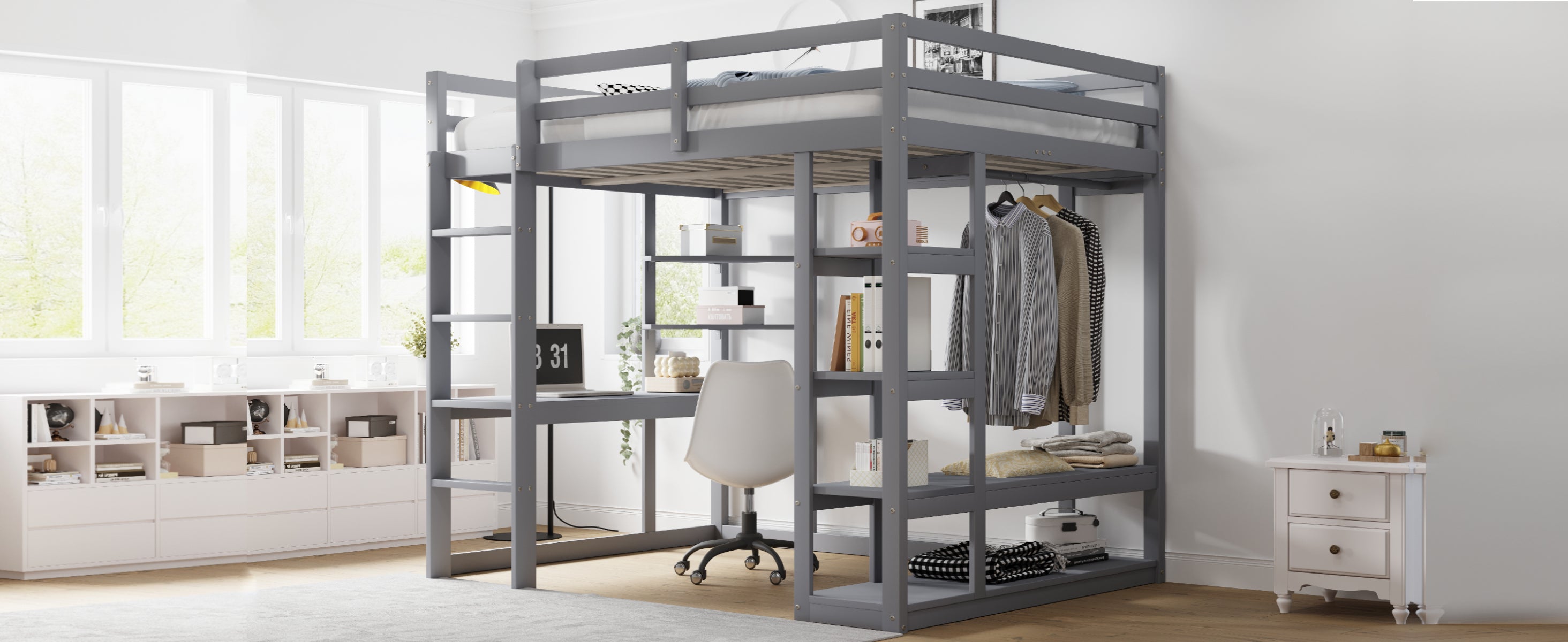 Loft Bed with Ladder, Table & Shelves, 140x200 cm, Solid Wood Grey