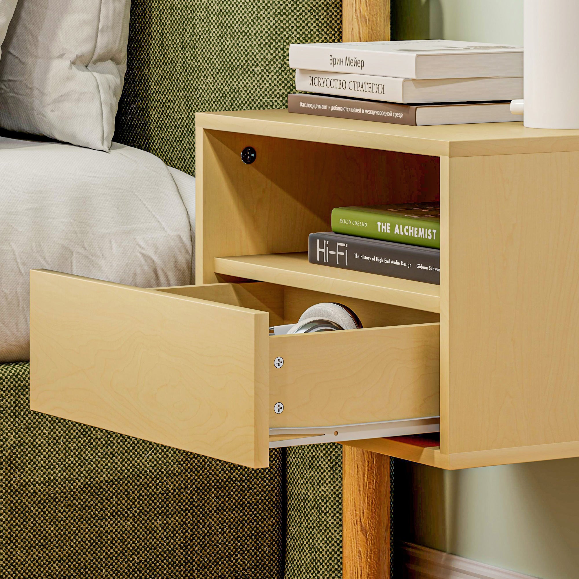 Hanging Bedside Tables, Floating Nightstand with Drawer, Natural Wood