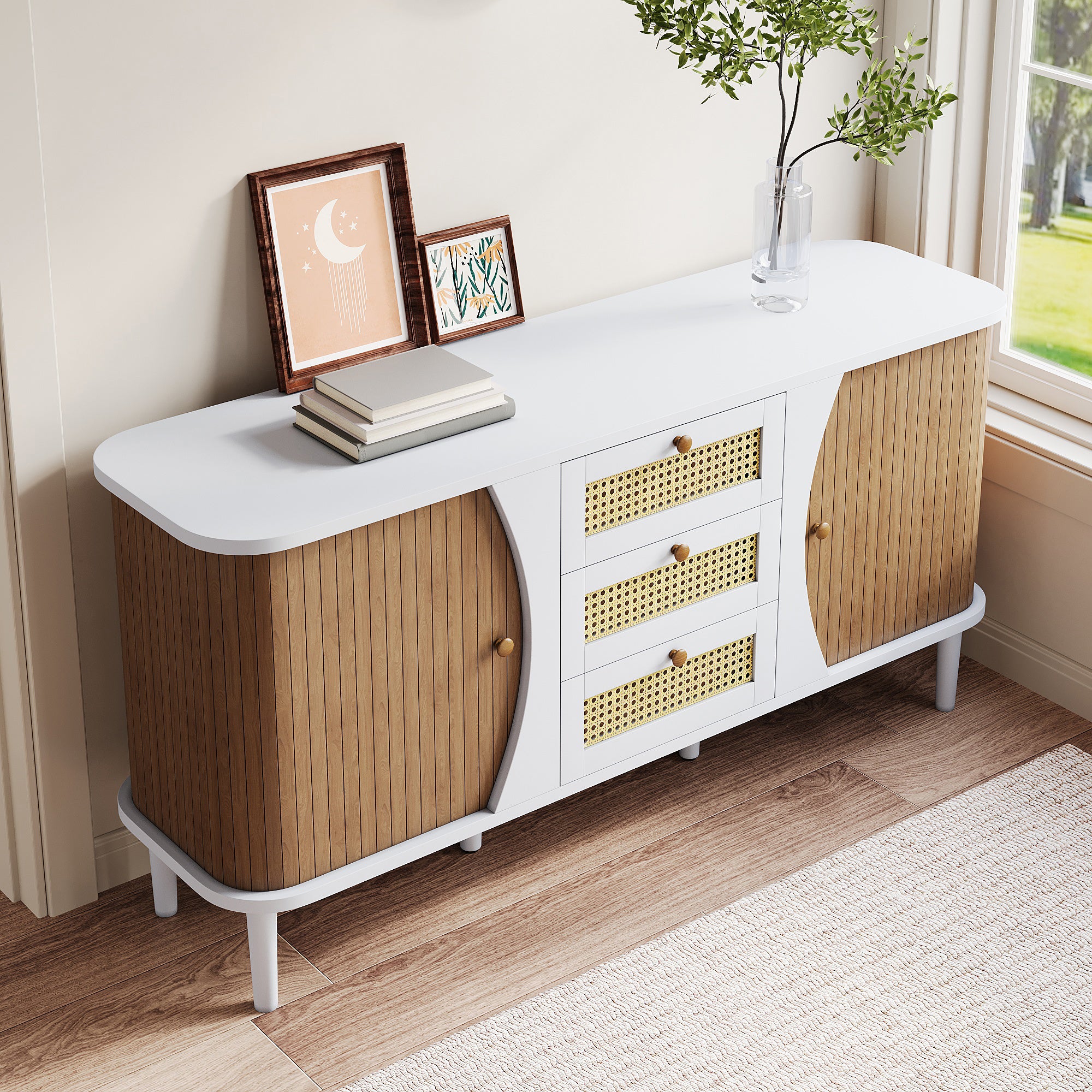 Sideboard, Rattan Sliding Door Chest, Adjustable Shelves, White and Wood