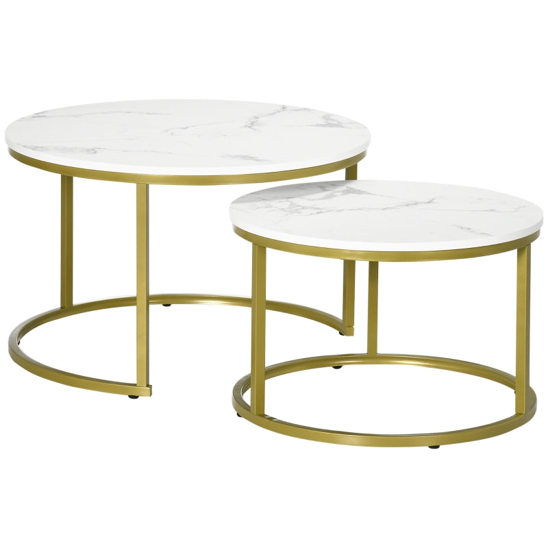 Coffee Table Set of 2, Round Nesting Side Tables Faux Marble/Metal Frame, White