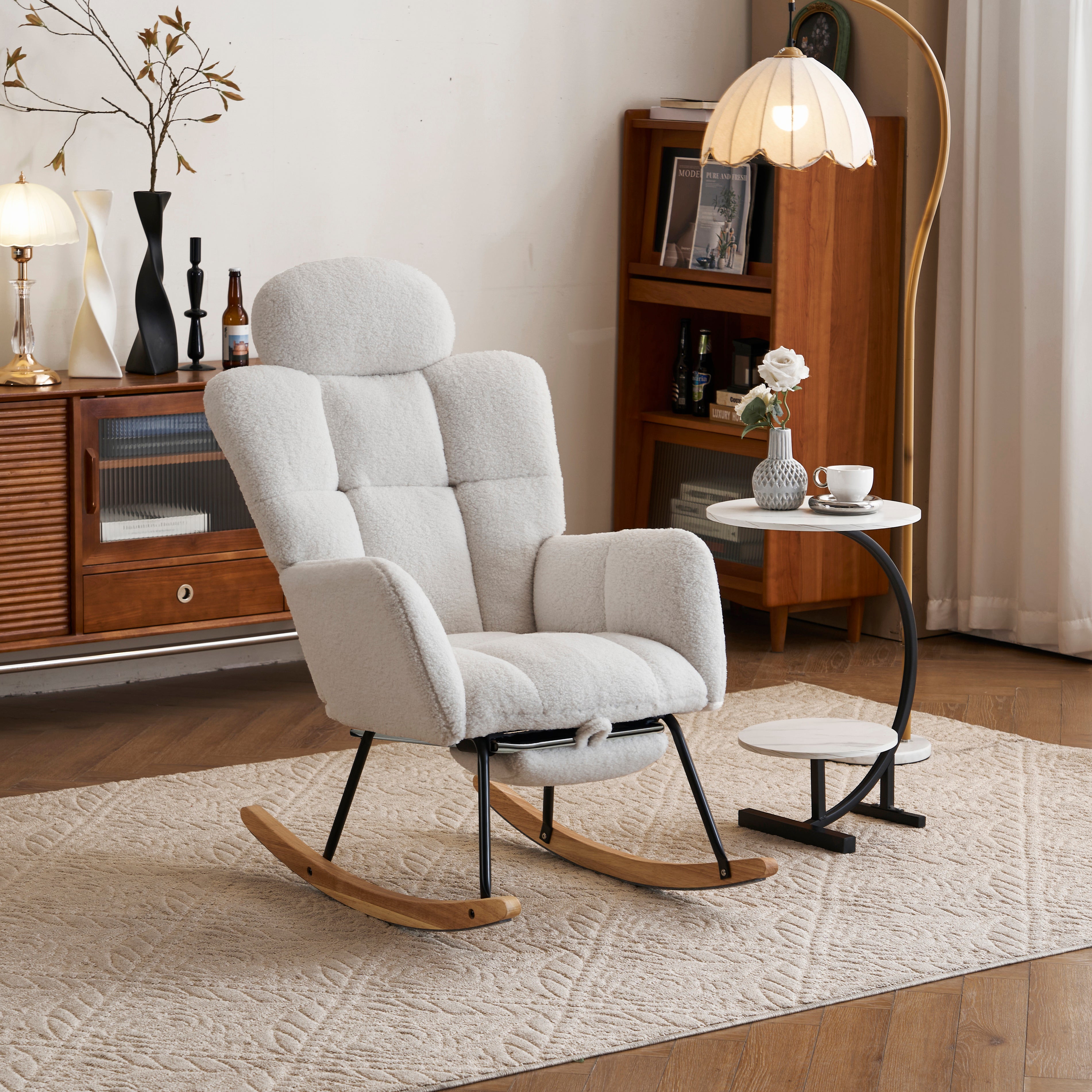 Teddy Fabric Rocking Chair, Tufted Upholstered with Headrest and Foldable Footrest, Ivory White