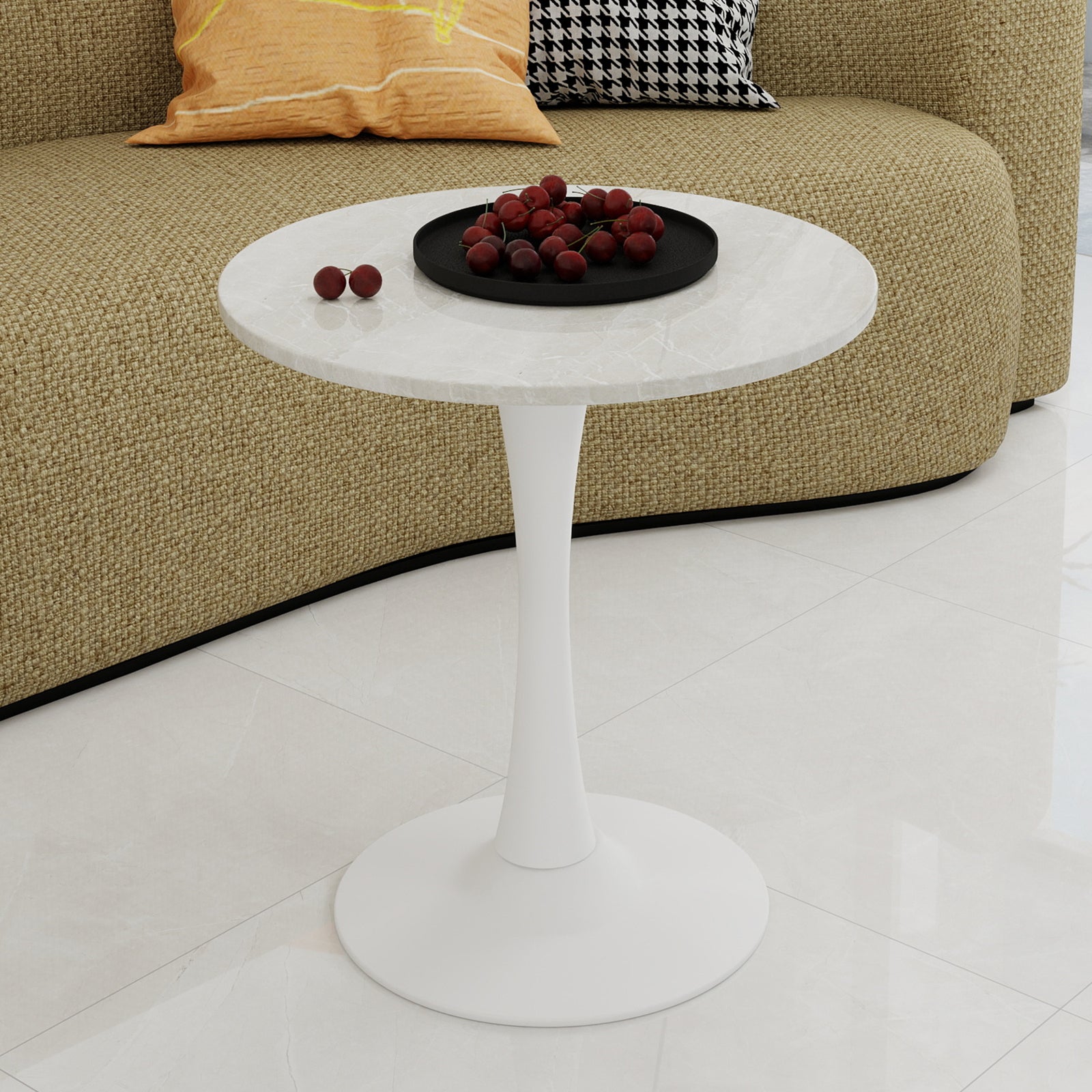 Coffee Table 27.6-inch Mid-Century Modern Round Marble Top - White