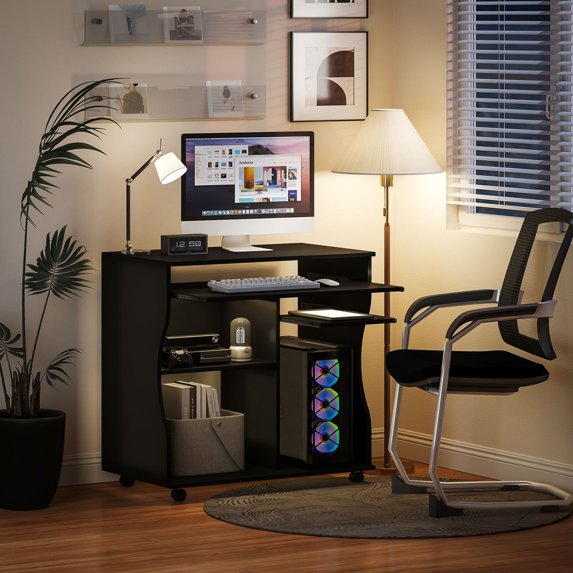 Computer Desk with Wheels, Keyboard Tray, Storage, Black