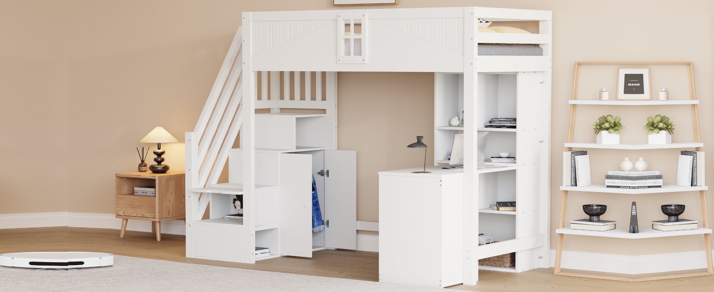 Loft Bed, 90x200cm with Storage, Desk, Drawers, White Solid Wood