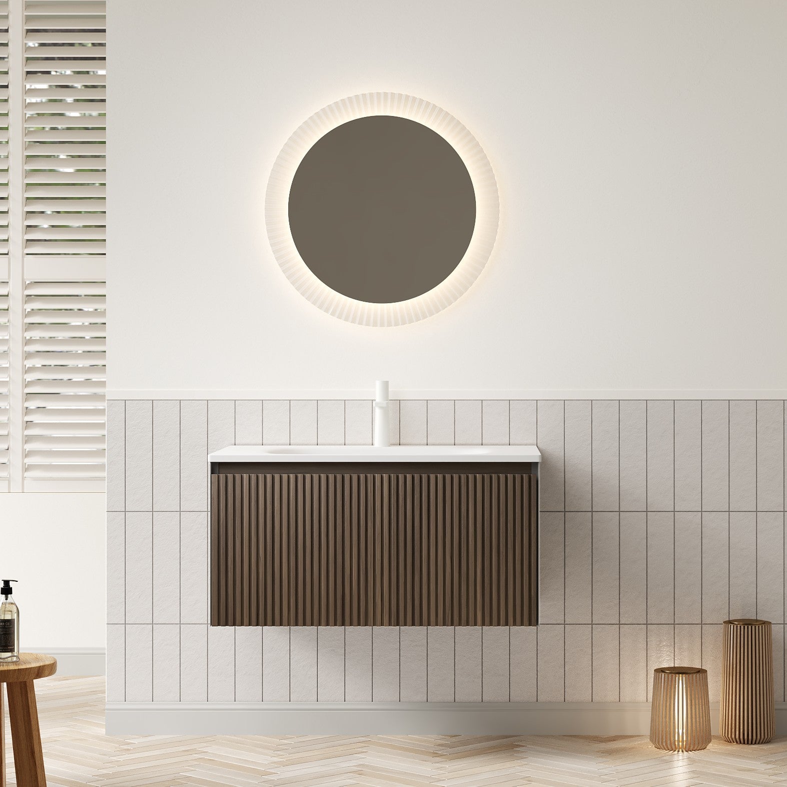 Wall-mounted Bathroom Vanity Unit with Artificial Stone Sink and Drawer, Brown Oak Grain Plywood