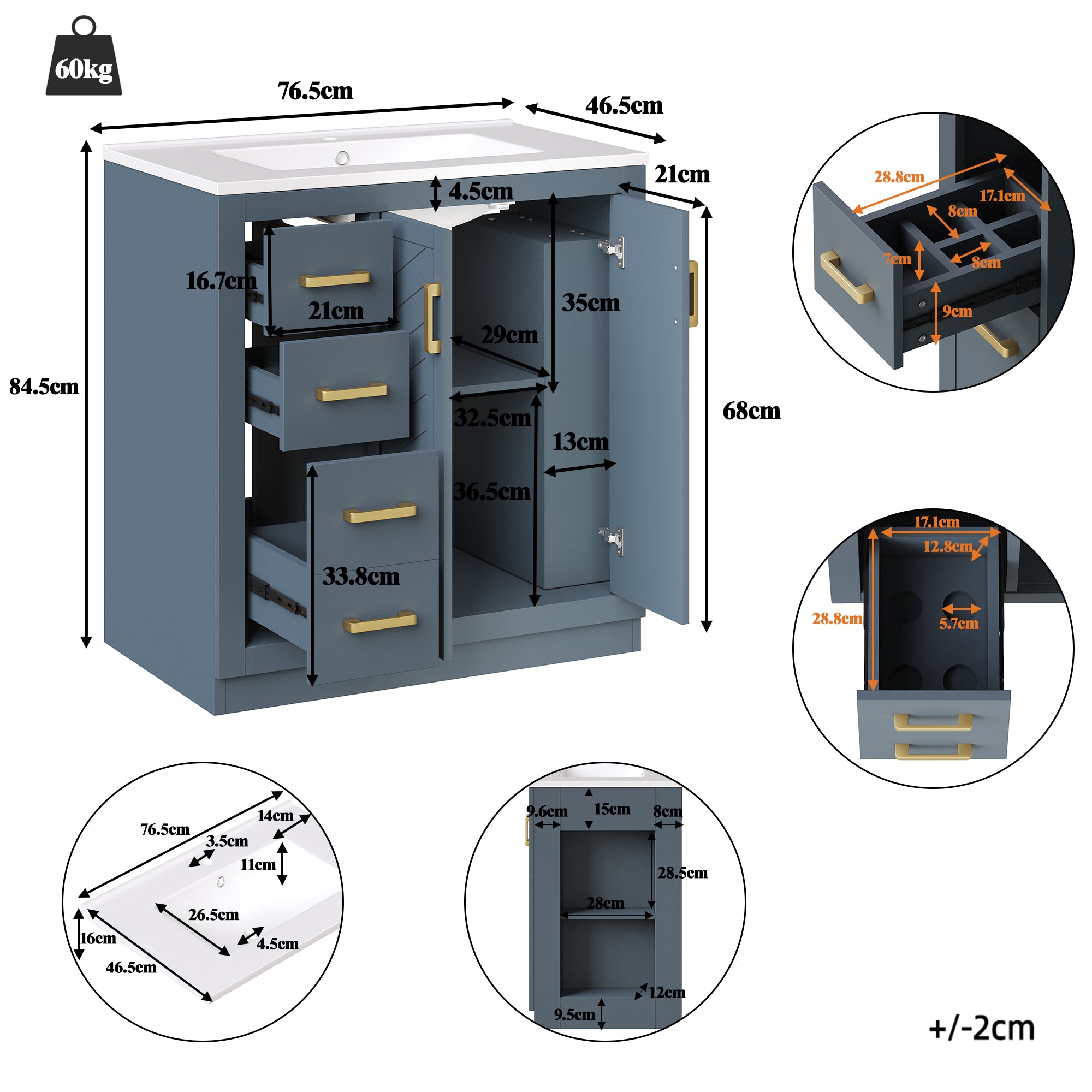Bathroom Vanity Unit with Ceramic Sink and Storage Drawers, Blue