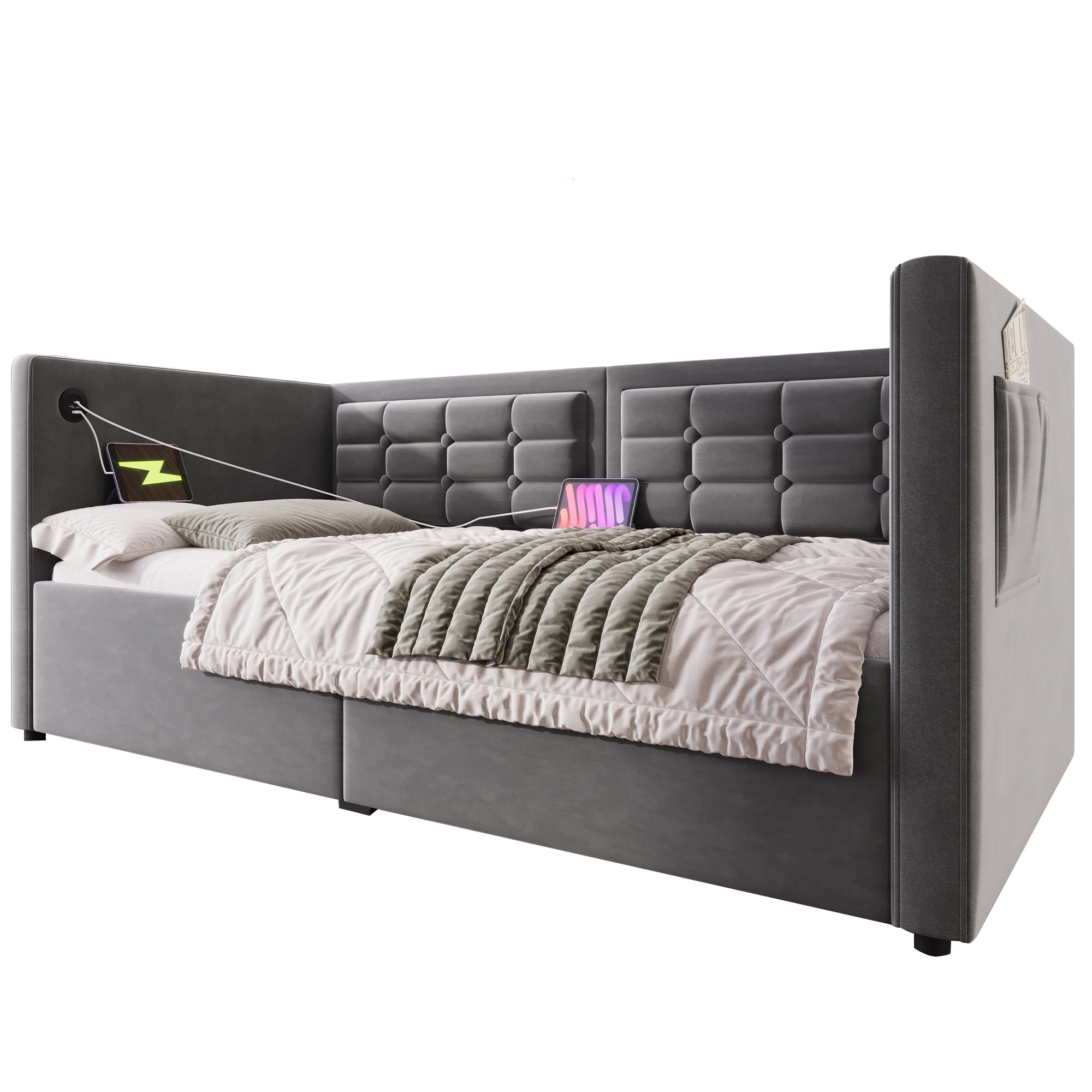 Upholstered Sofa Bed, 90x190 cm Single with USB & Type-C Charging, Gray Velvet